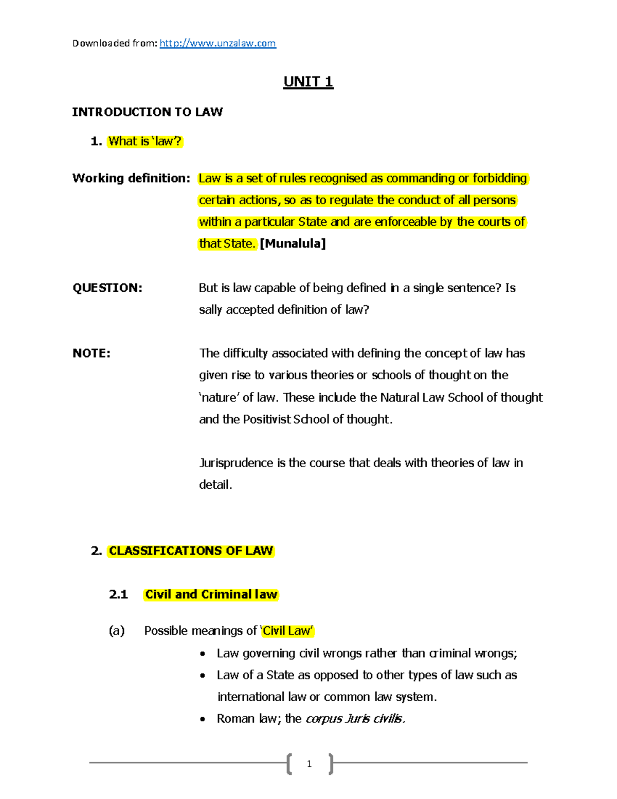 Legal Process Lecture Notes (ED): Introduction to Law & Classifications ...