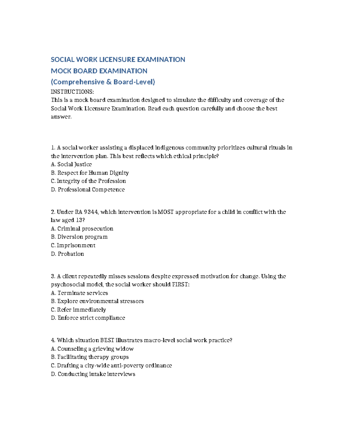 SWLE Mock Board Exam: Social Work Licensure Practice Test - Studocu