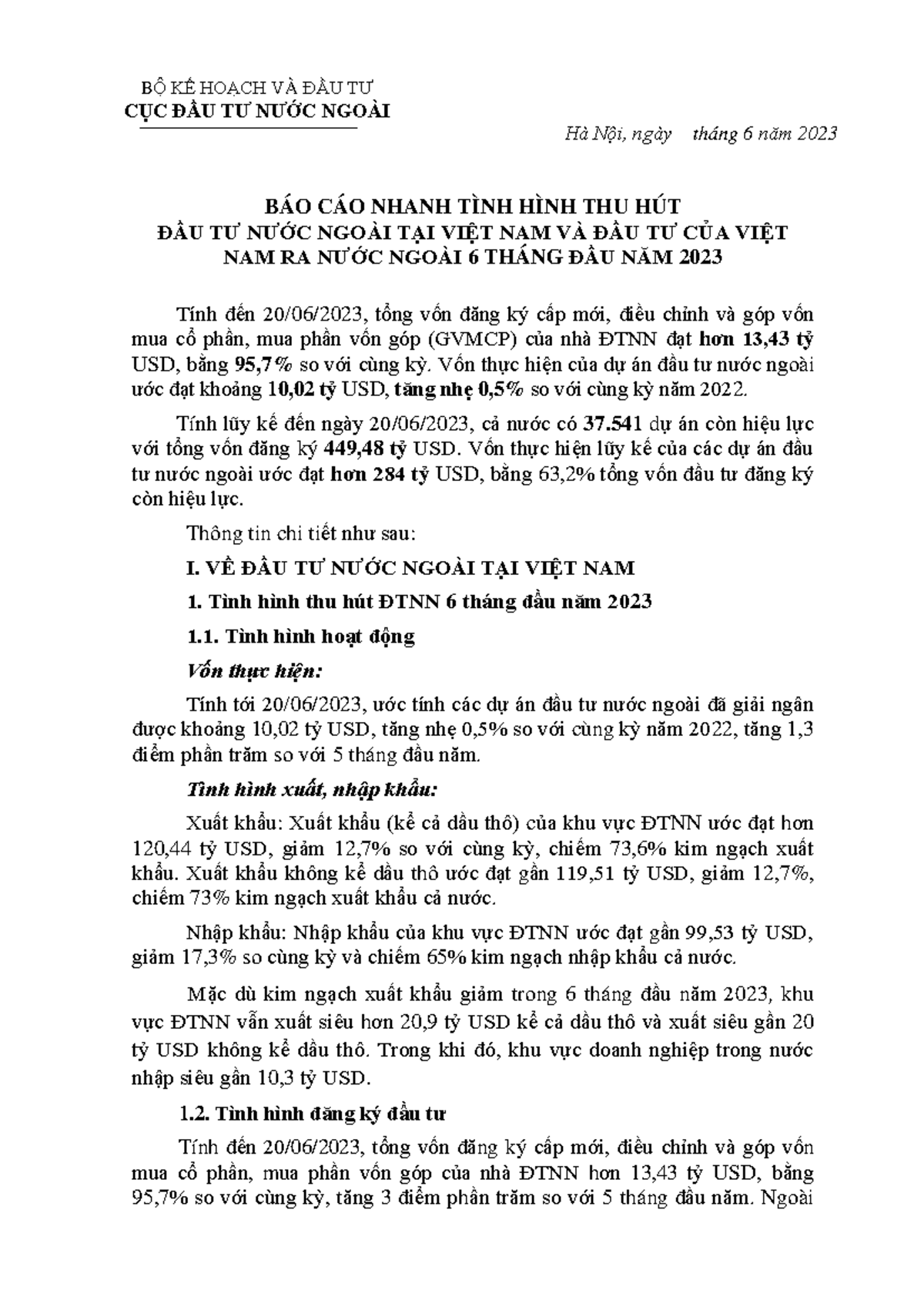 BC FDI - Tình Hình Đầu Tư Nước Ngoài Tại Việt Nam 2023 - Báo Cáo - Studocu