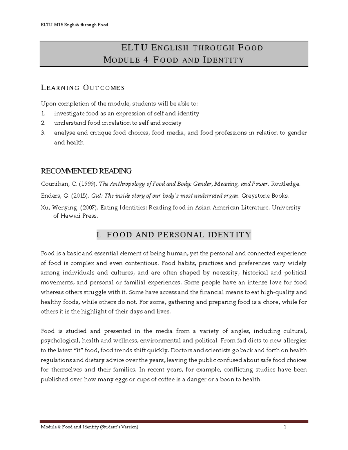 ELTU 3415 Module 4: Food and Identity - Learning Outcomes & Discussions ...