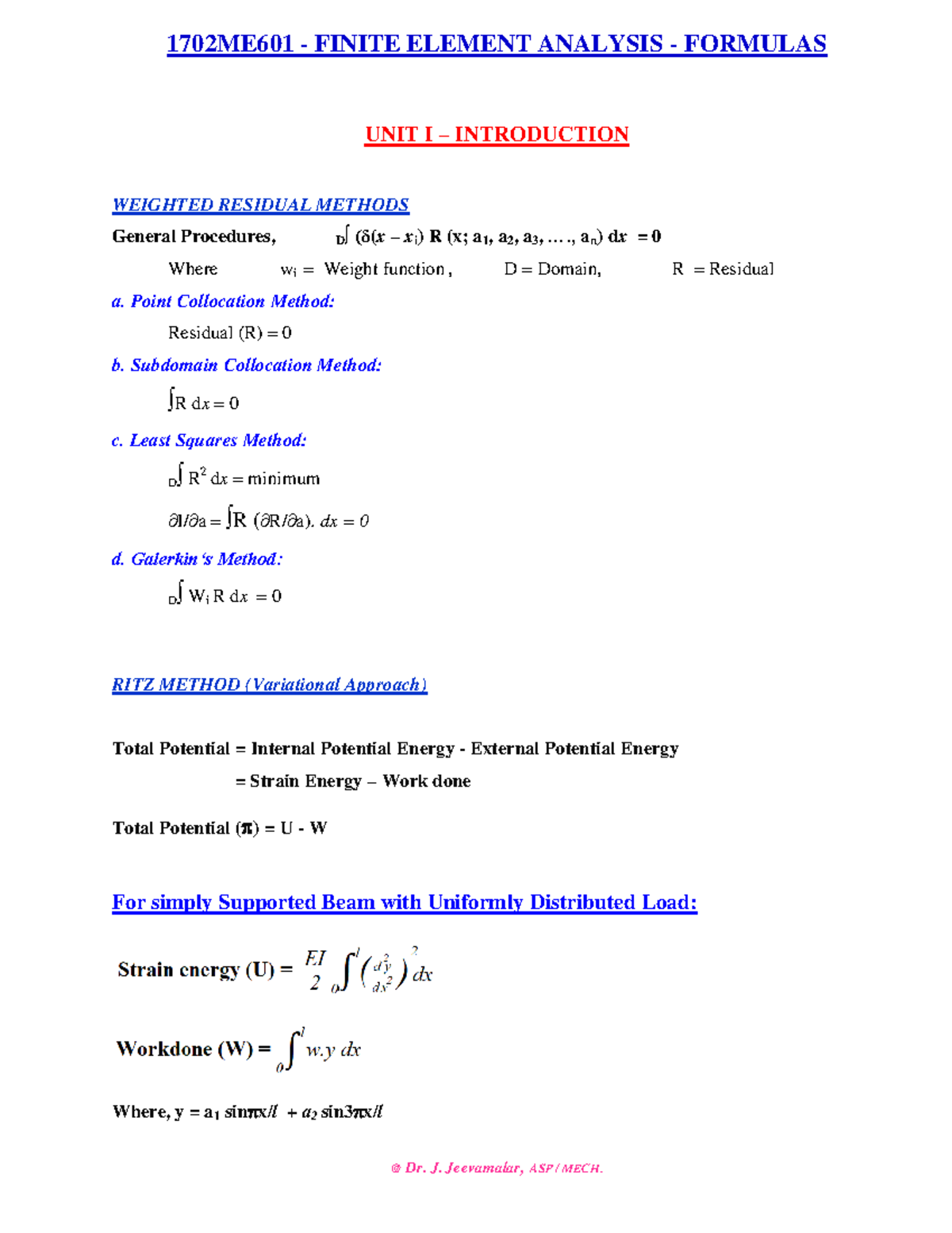 1702ME601 Finite Element Analysis Formulas: Comprehensive Guide - Studocu