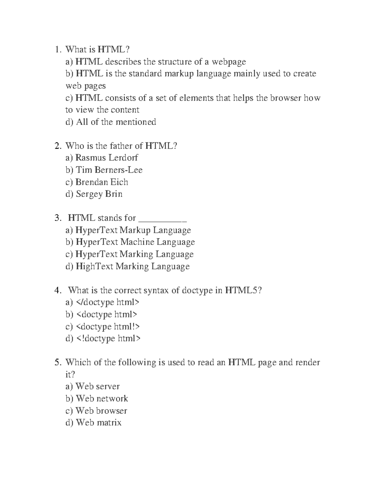 HTML Lecture 01: MCQ on Basics of HTML - Studocu