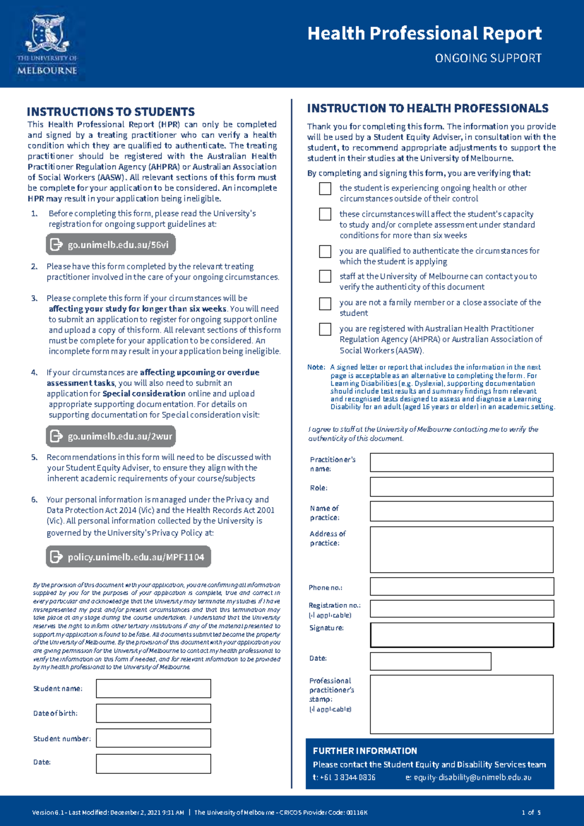 Health Professional Report (HPR) for Ongoing Support Instructions - Studocu