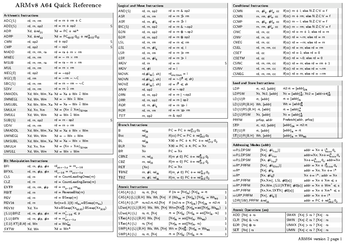 ARM64 A64 Instruction Set Reference - Version 2 Overview - Studocu