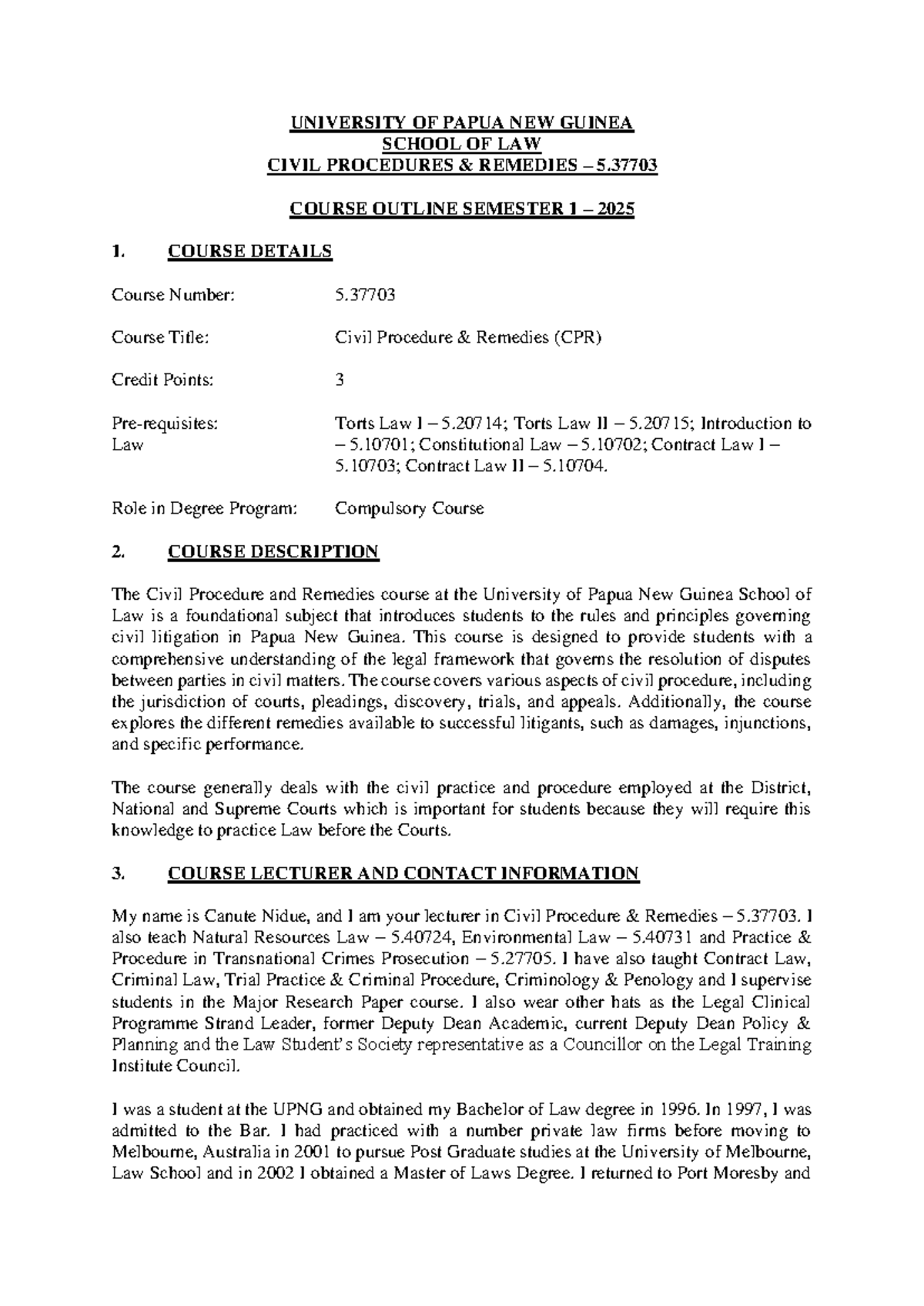 Civil Procedure Remedies (CPR) 5.37703 Course Outline - Semester 1 ...