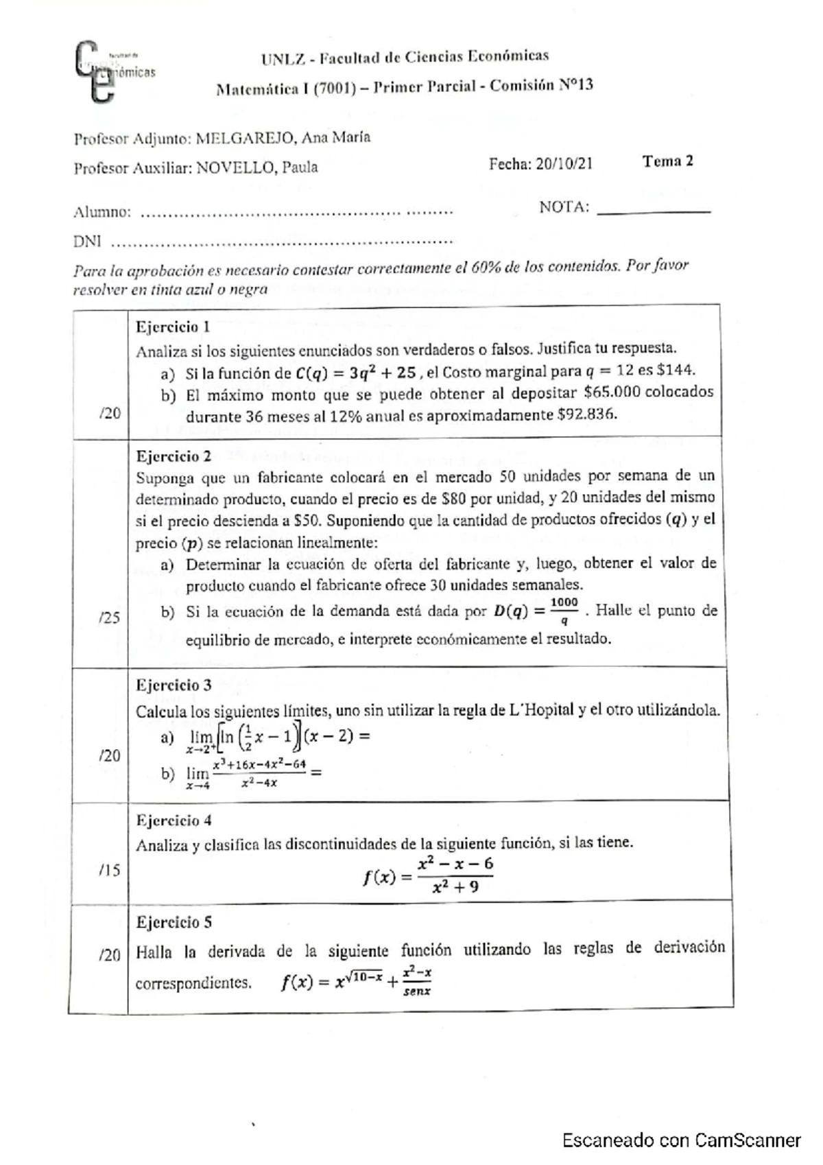 Matemática I (7001) Primer Parcial - Ejercicios y Análisis de Funciones ...