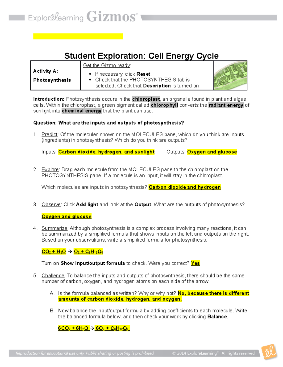 Cell Energy Gizmos - Name: Gauri Singh Date: 10/24/ Student Exploration ...
