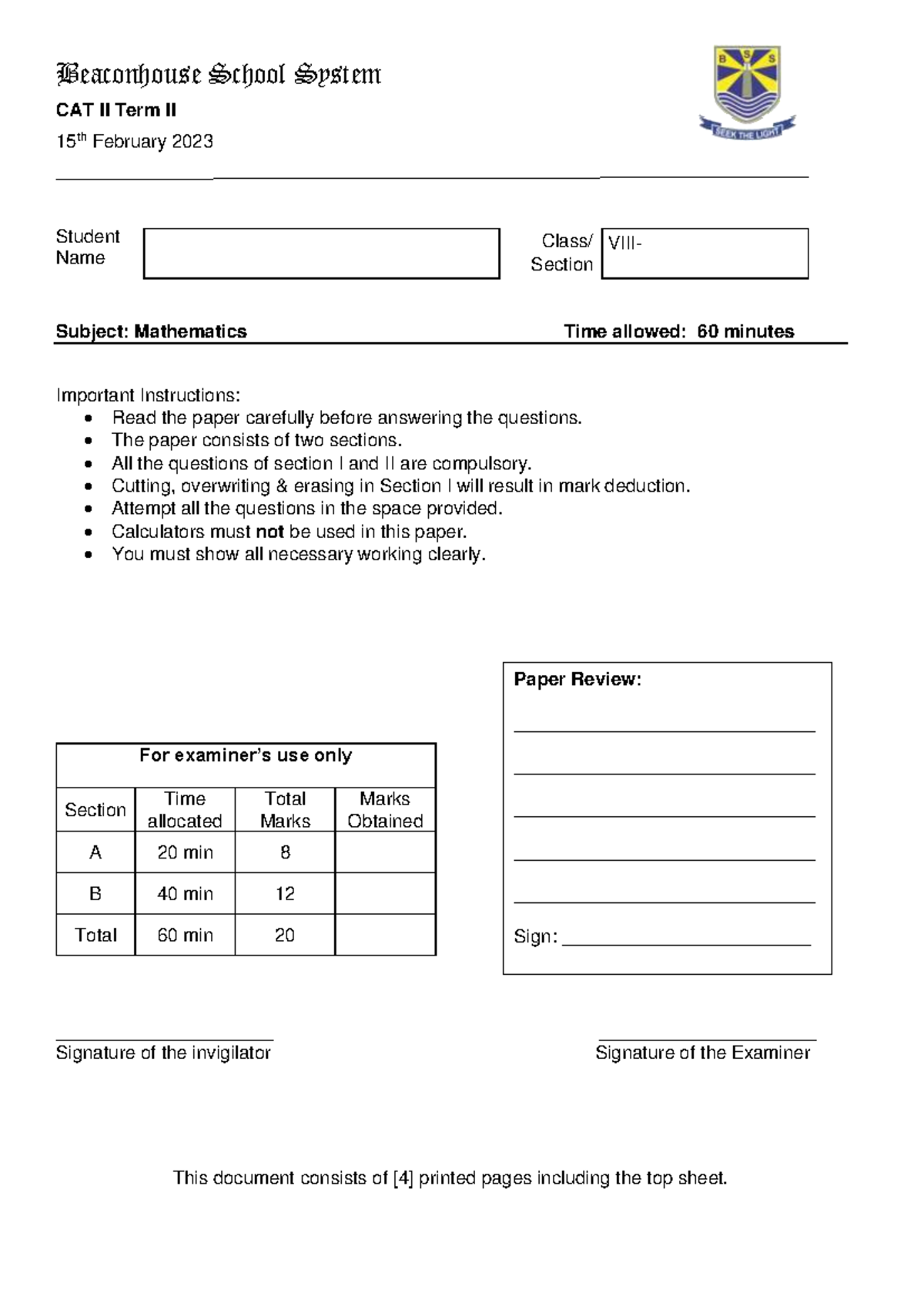 Math Grade 8 CAT II Term II Exam Paper - 15th Feb 2023 - Studocu