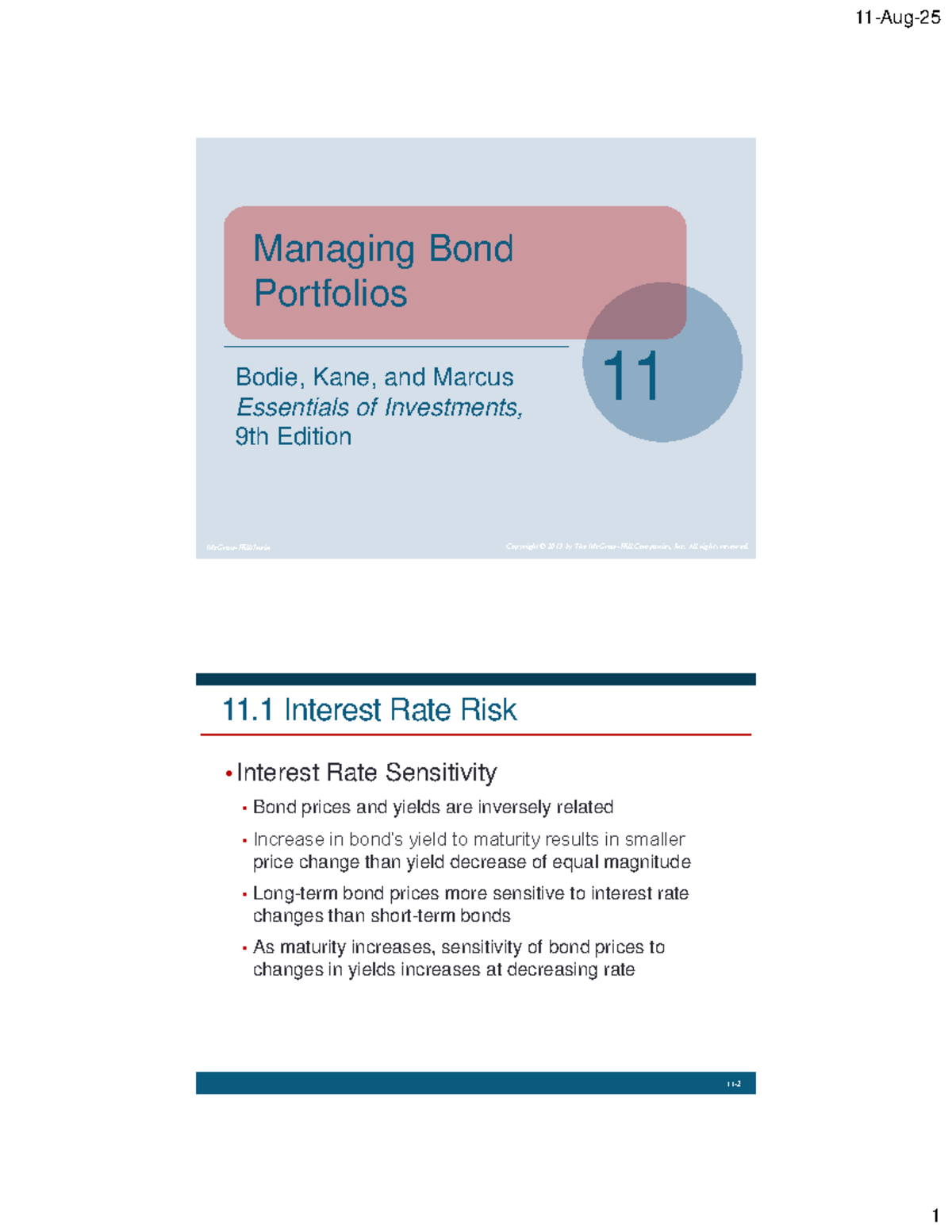 Managing Bond Portfolios: Interest Rate Risk Analysis (Chap 11) - Studocu