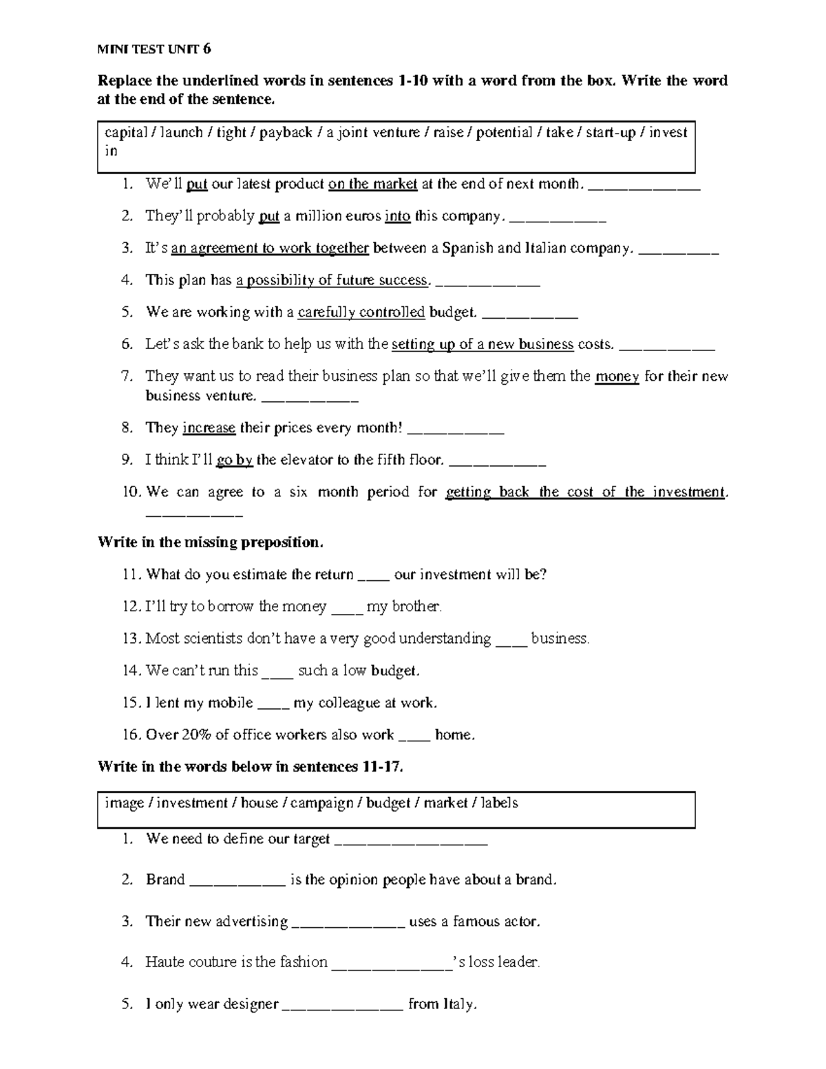 Unit 6 - Mini Test: Vocabulary and Sentence Completion - Studocu