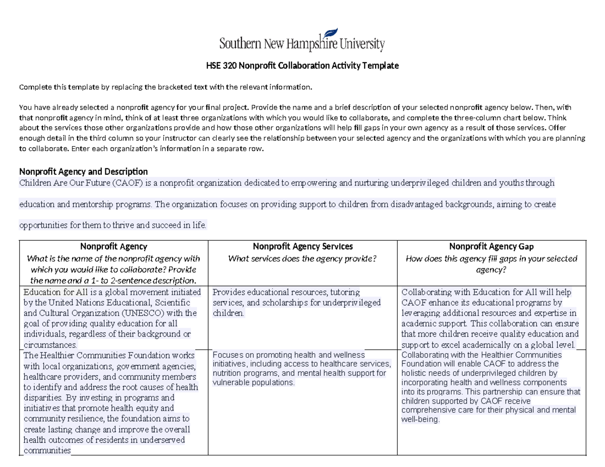 HSE 320 Nonprofit Collaboration Activity Template and Guidelines - Studocu