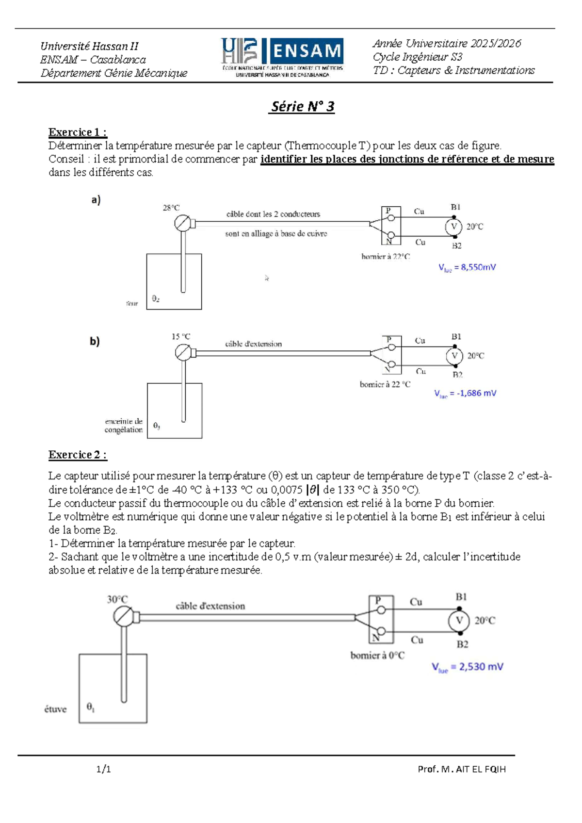TD 3 : Capteurs et Instrumentation - Exercice sur Thermocouples - Studocu