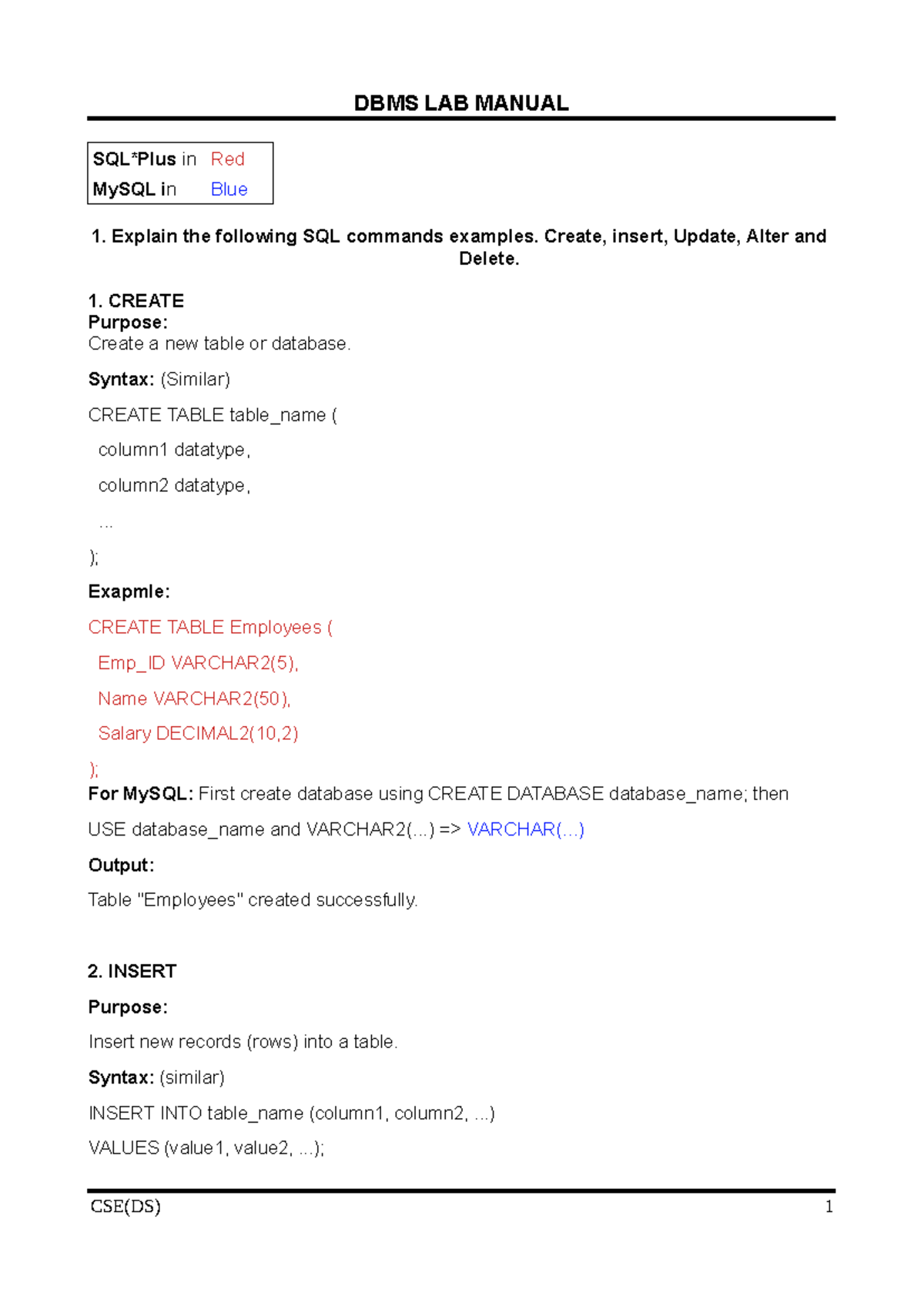 CSE(DS) DBMS Lab Manual: SQL Commands and Table Operations - Studocu