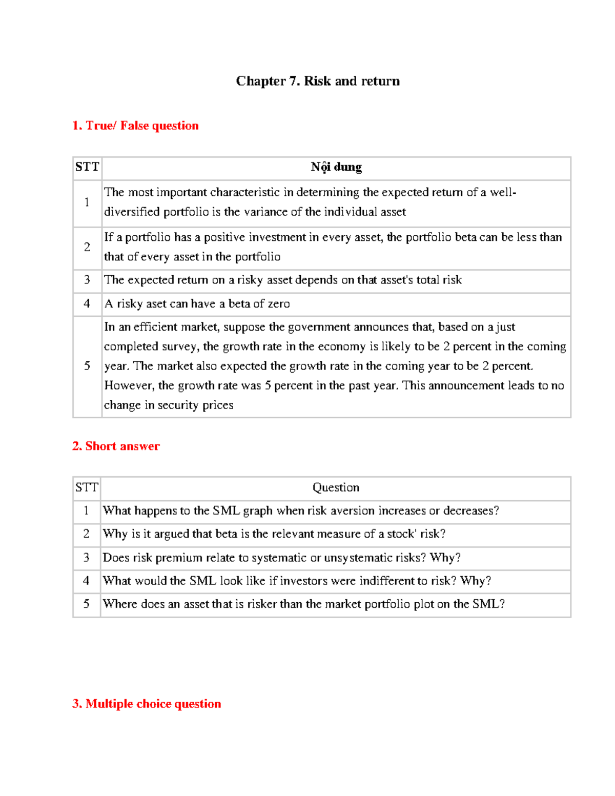 Chapter 7 Risk and Return Student version - Chapter 7. Risk and return ...