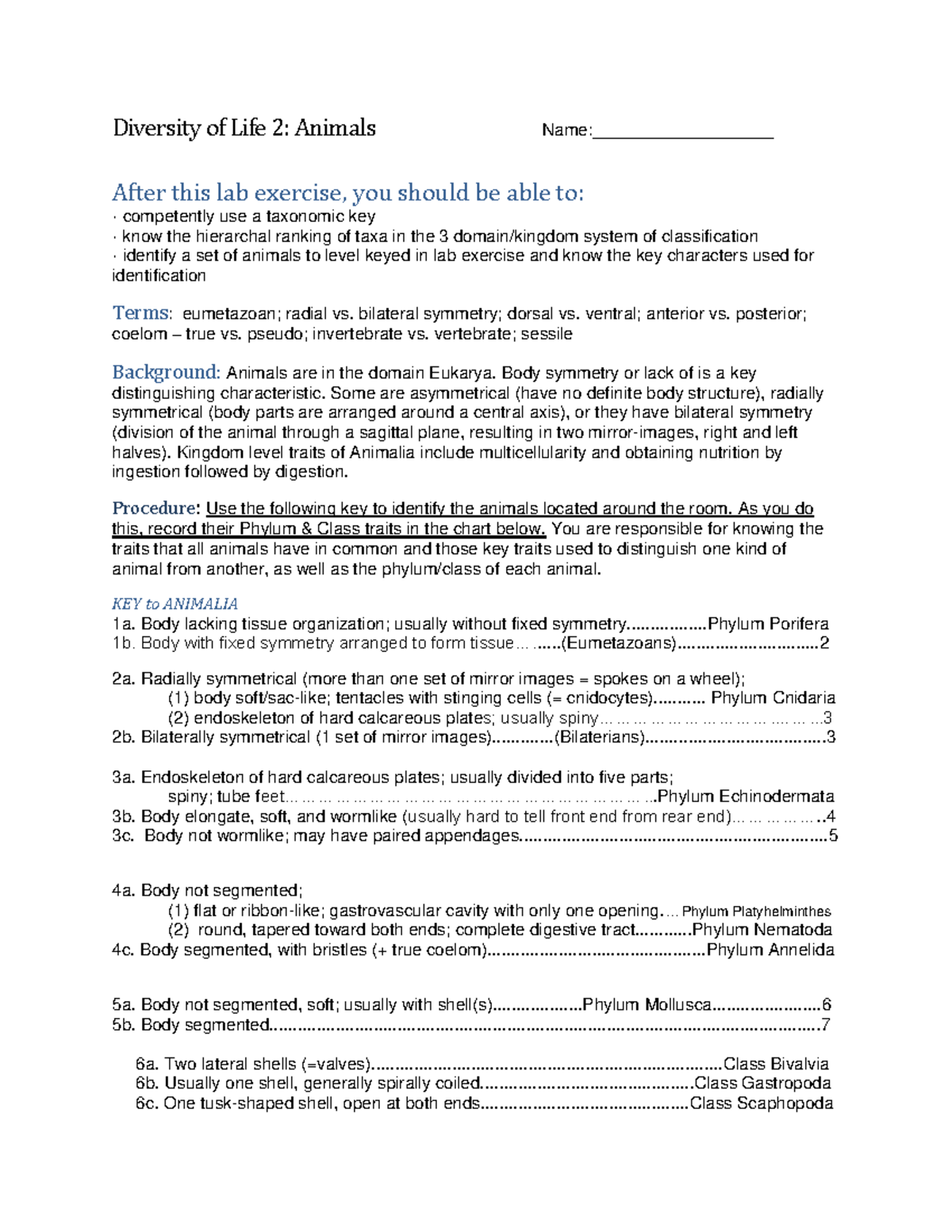 Lab Exercise on Animal Taxonomy and Classification Techniques (BIO 101 ...