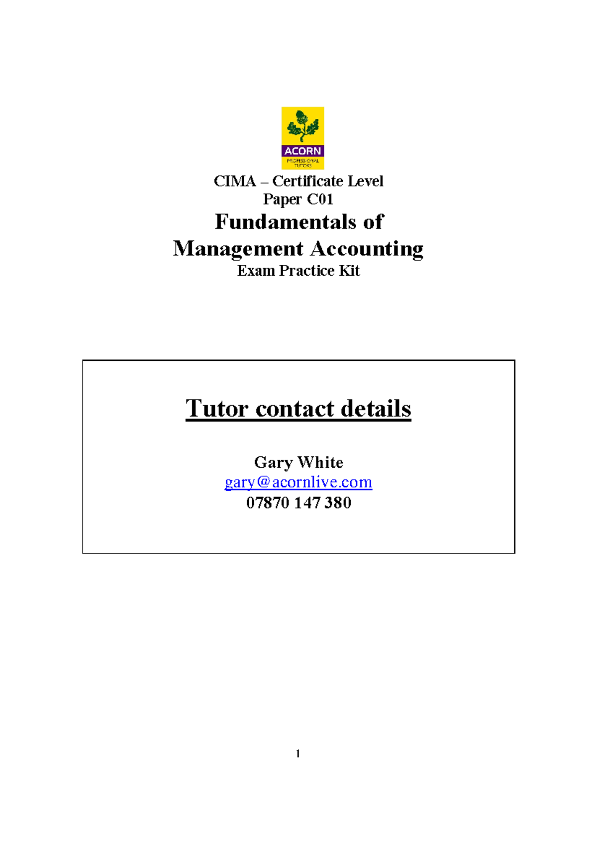 C01 Exam Practice Kit - workout questions - CIMA – Certificate Level ...