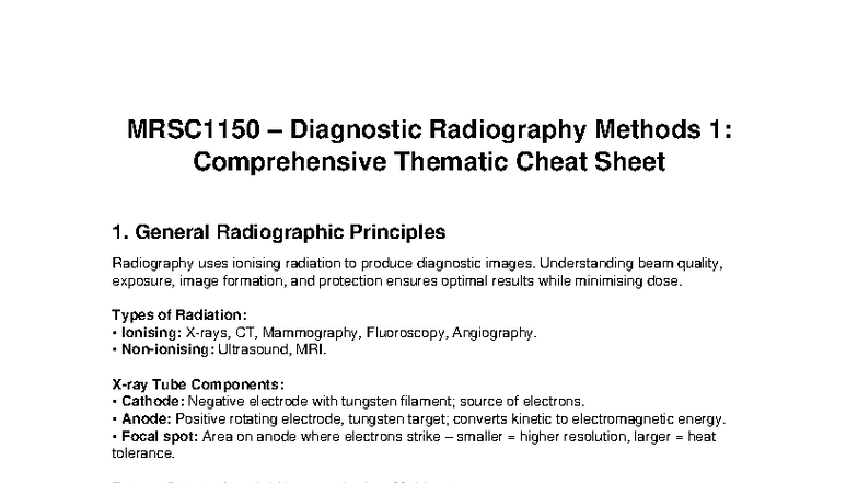 MRSC1150 Diagnostic Radiography Methods 1: 3000-Word Cheat Sheet - Studocu