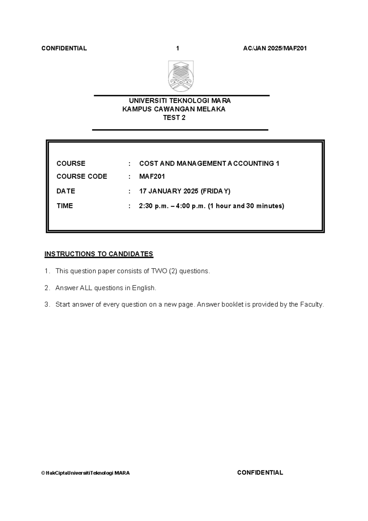 MAF201 Test 2 - Cost and Management Accounting Exam Notes - Studocu