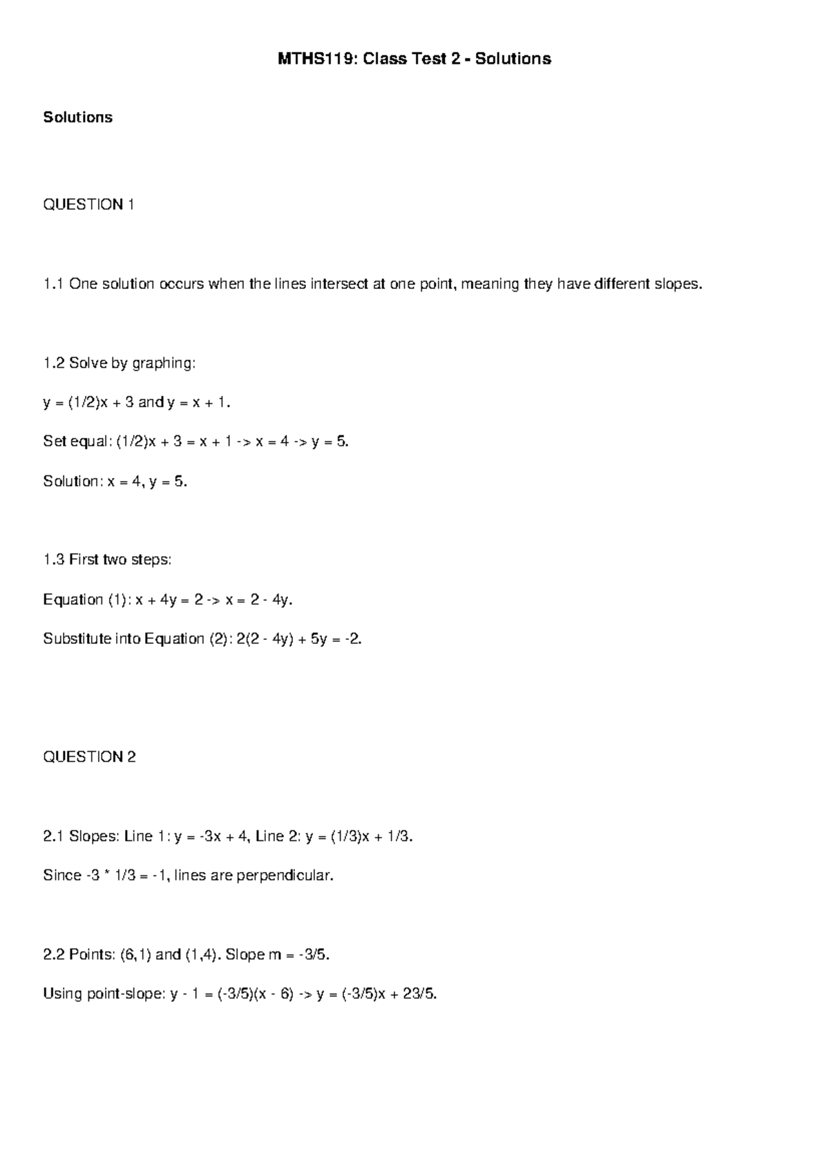 MTHS119: Solutions for Class Test 2 - Detailed Explanations - Studocu