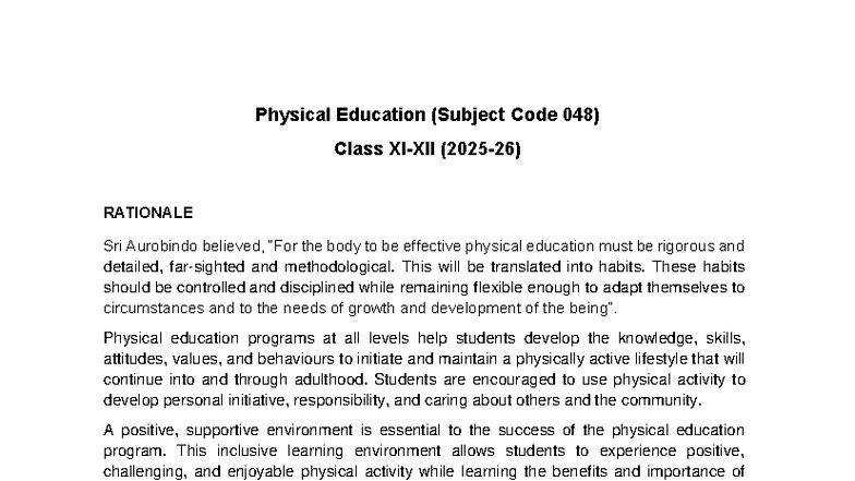 Physical Education Curriculum for Class XI-XII (Code 048) 2025-26 - Studocu