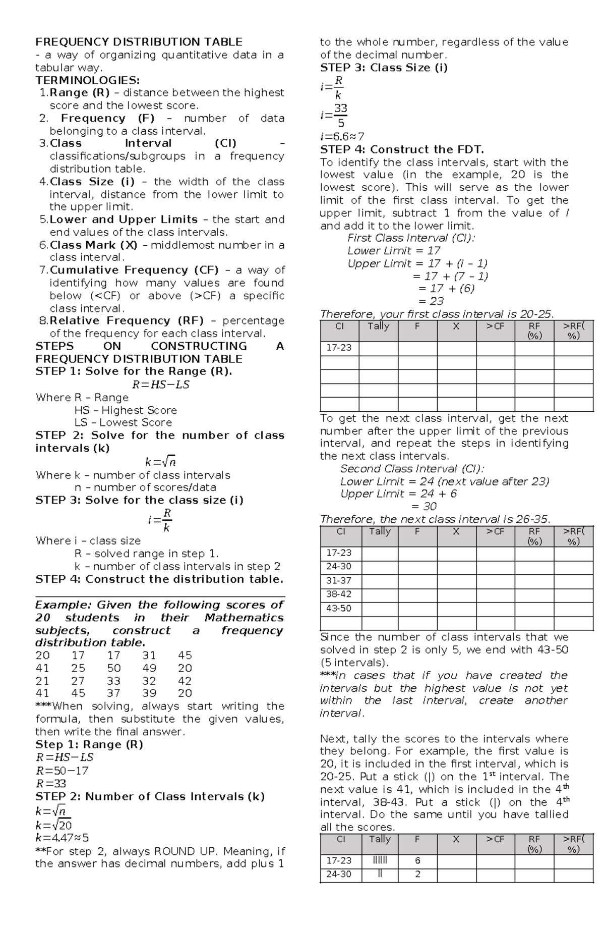 Lesson 4: Frequency Distribution Table (FDT) Notes - Studocu