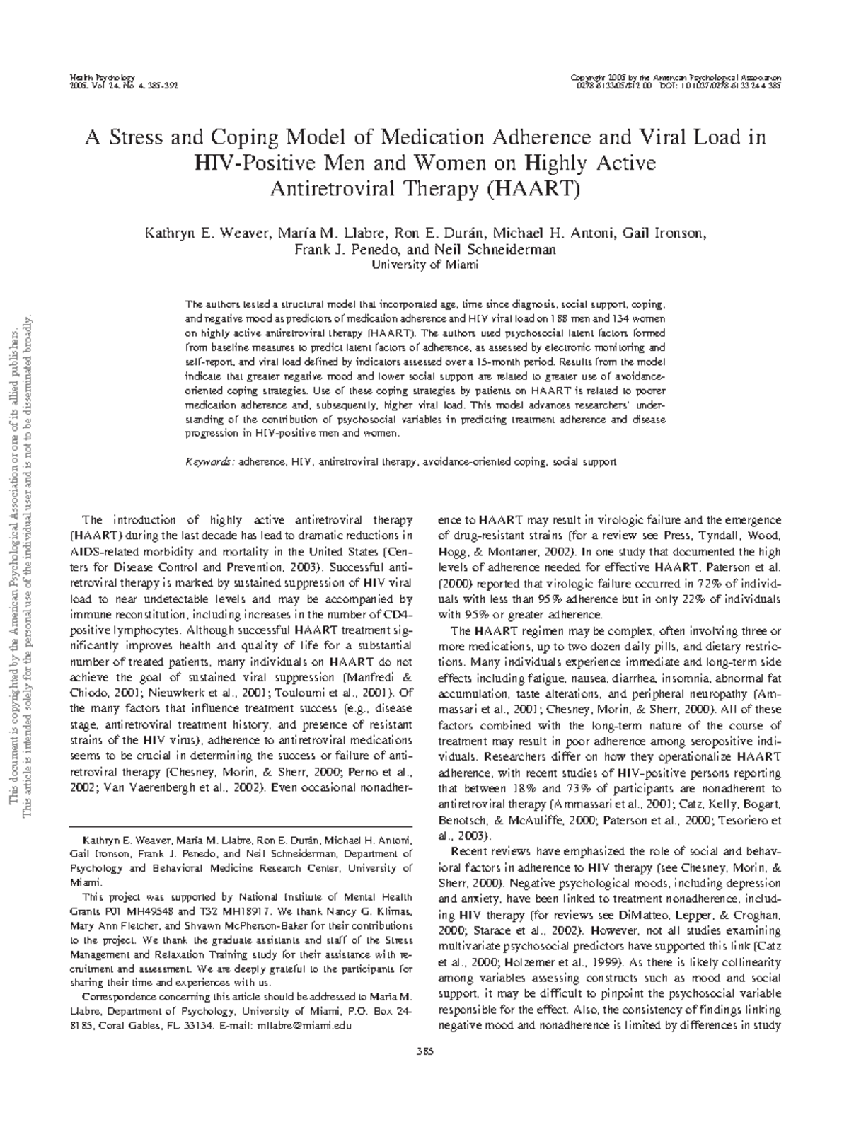 **Modifying Stress and Coping Model for HAART Adherence in HIV Patients ...