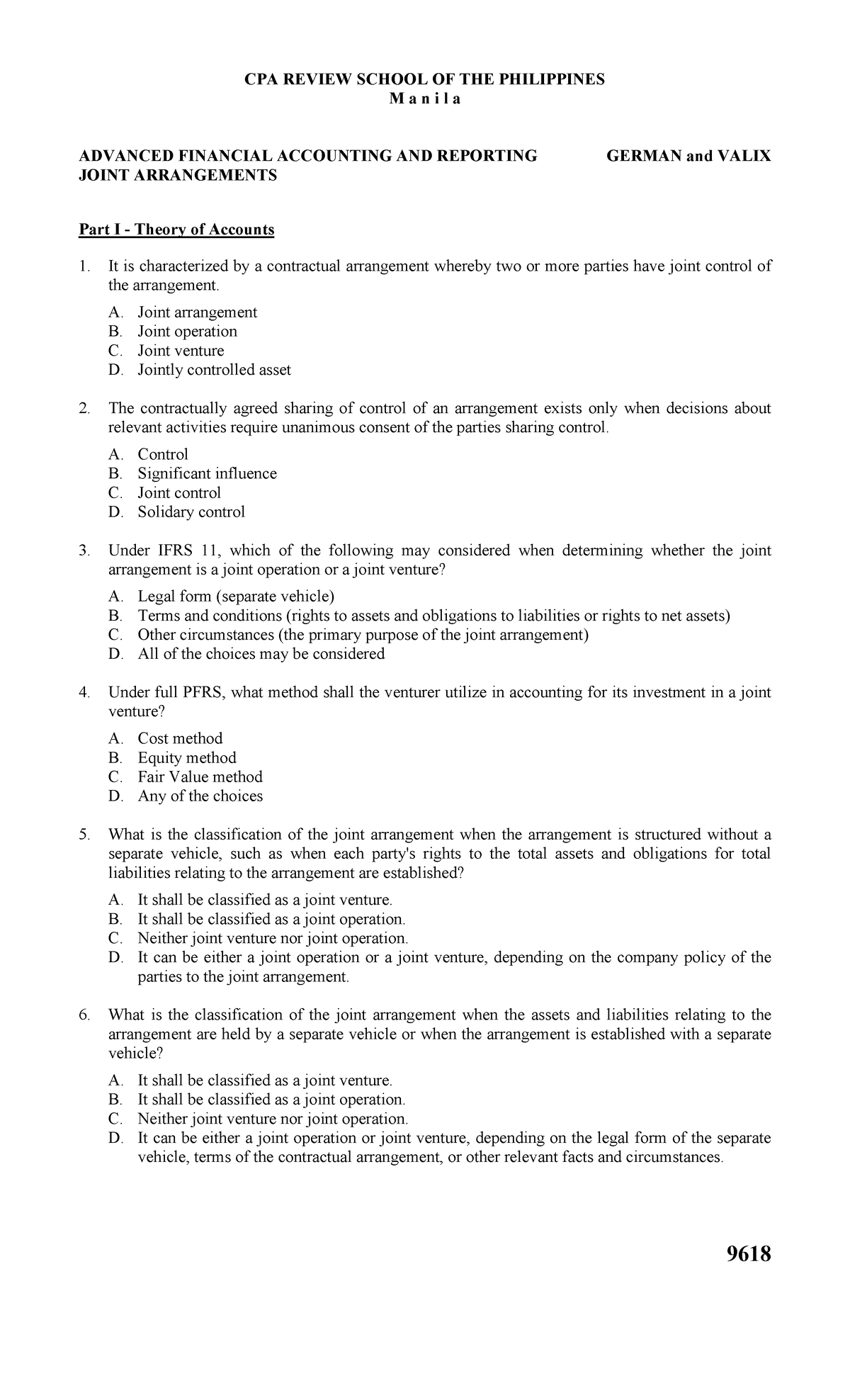 CPA 9618: Advanced Financial Accounting - Joint Arrangements Review - Document Preview
