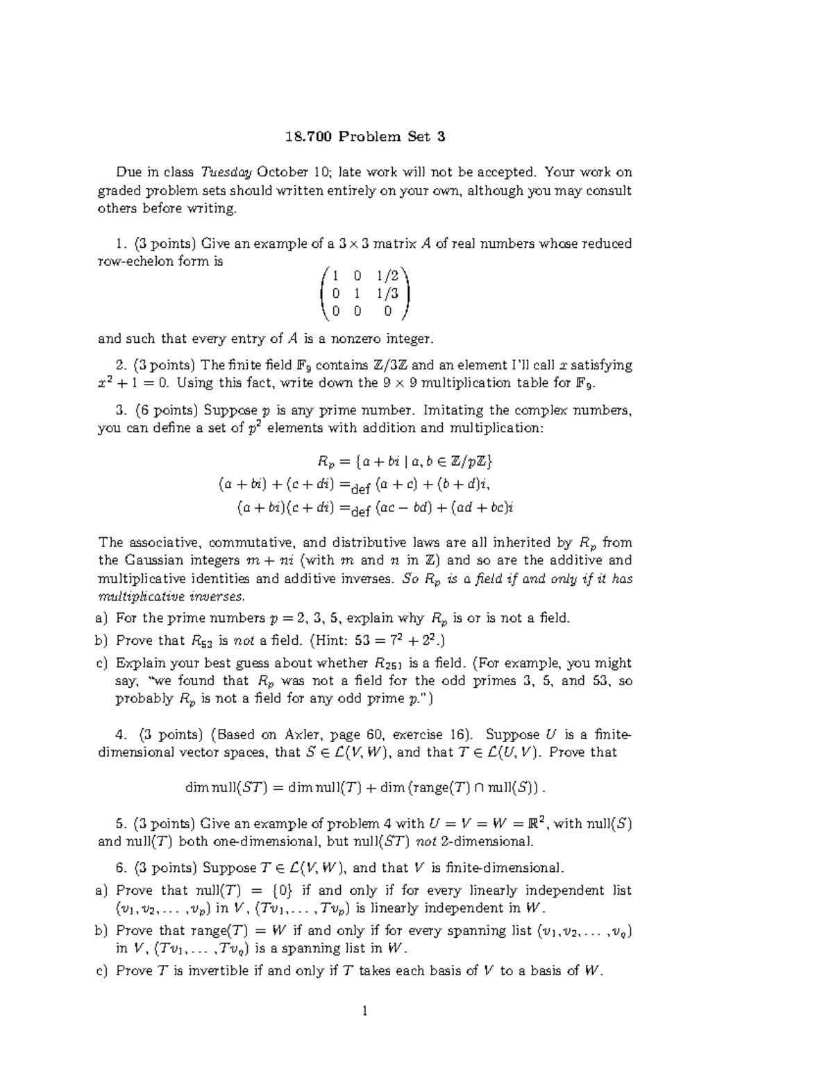 18.700 Problem Set 3: Linear Algebra Exercises and Solutions - Studocu