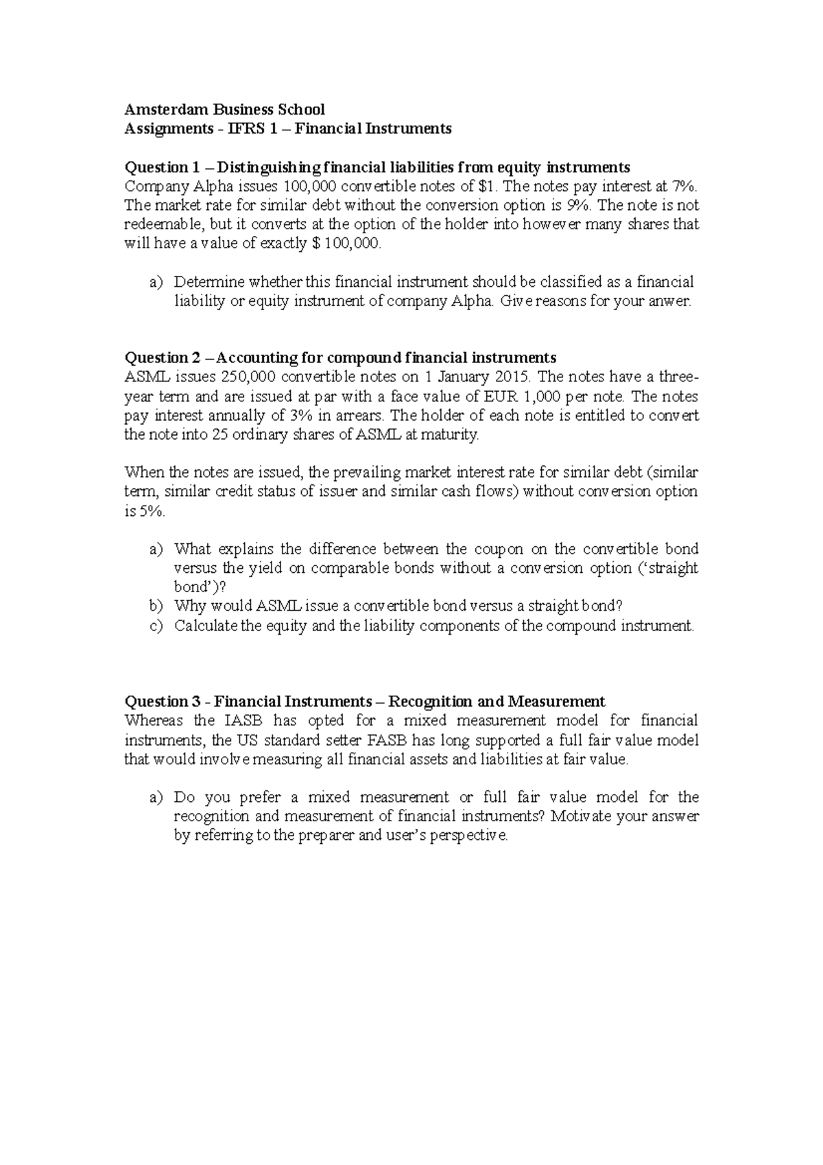Assignments on Financial Instruments - Week 4 (Amsterdam Business ...