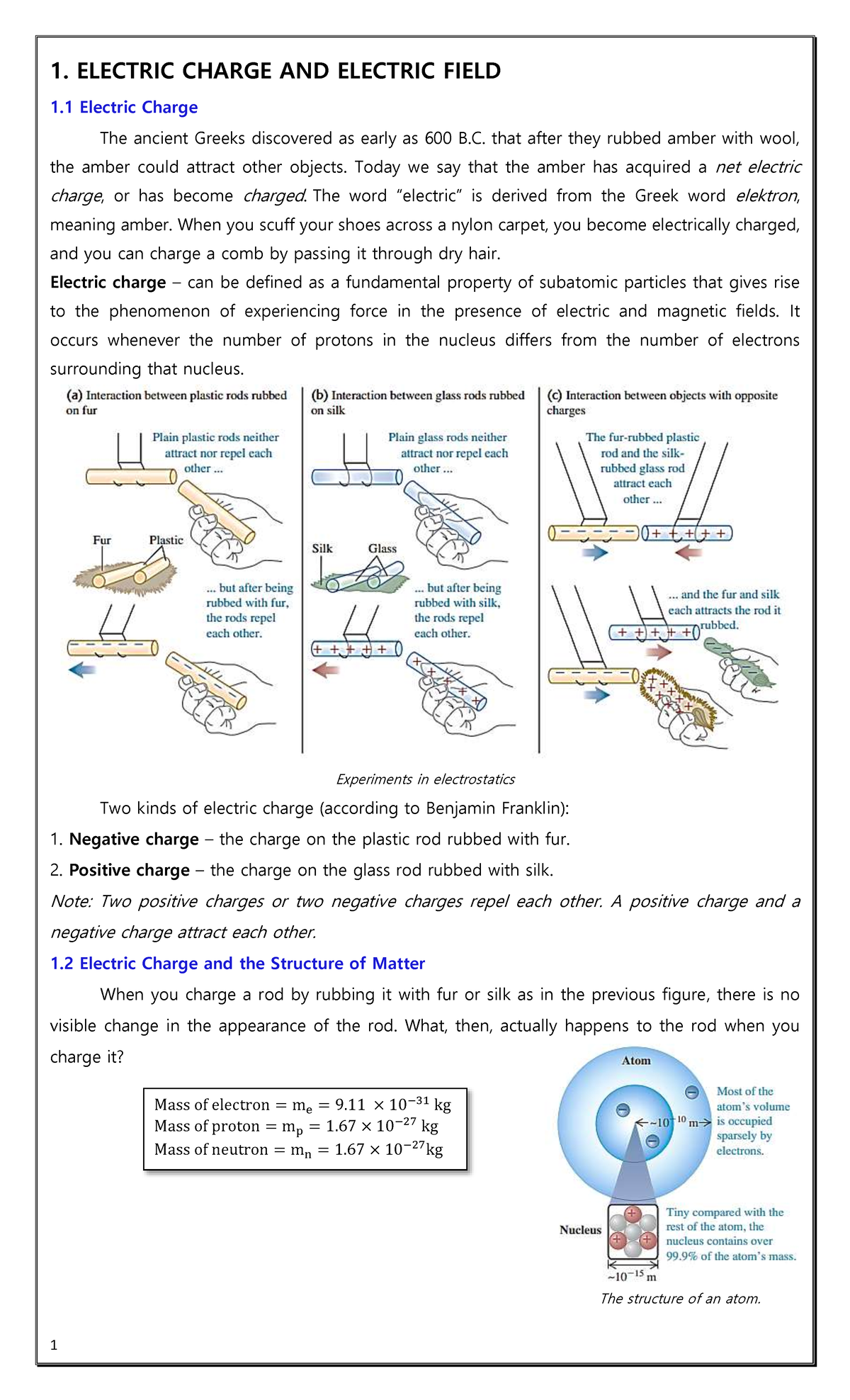 Electric Charge and Electric Field - PHYS 101 Lecture Notes - Studocu