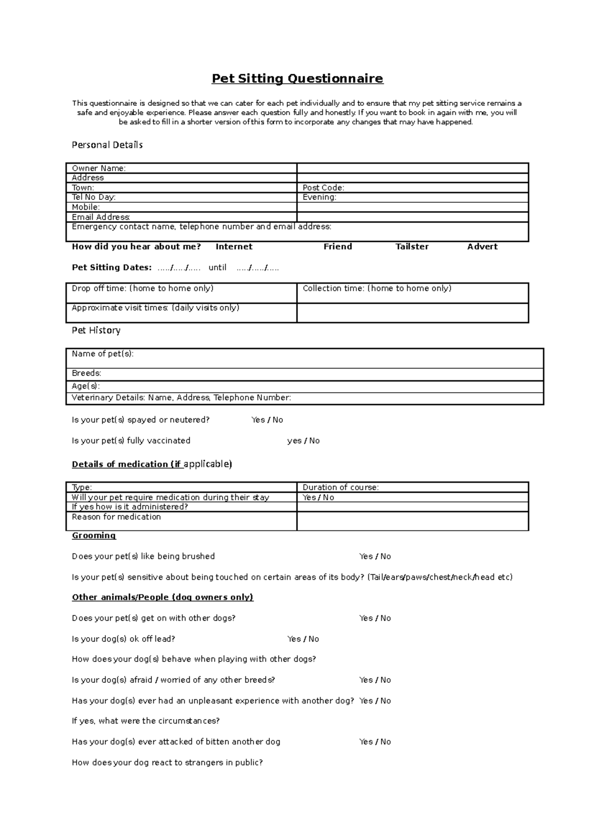 Pet-Sitting Questionnaire: Essential Information for Caregiver - Studocu