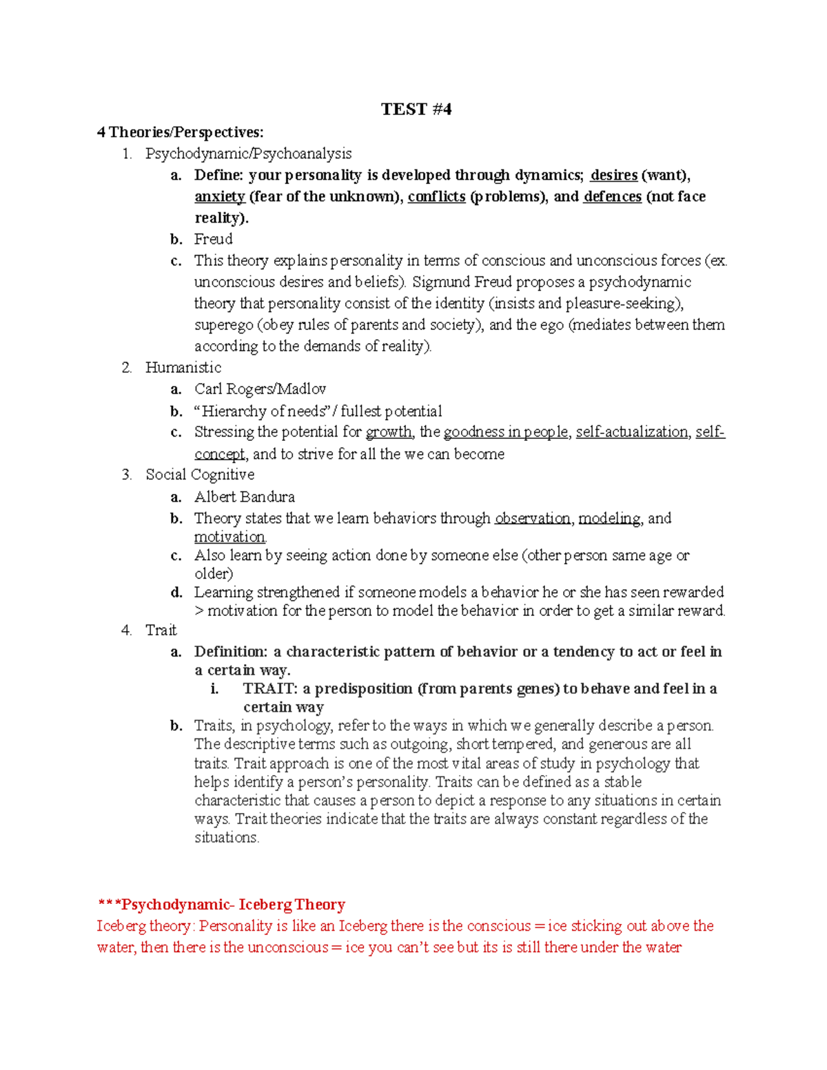 Psych TEST #4 - Test #4 Study Guide - TEST 4 1. a. Define: your ...