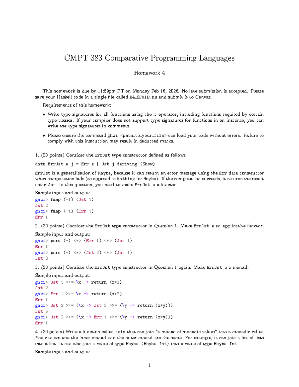 CMPT 383 Homework 4: Haskell ErrJst Type Constructor Tasks - Studocu