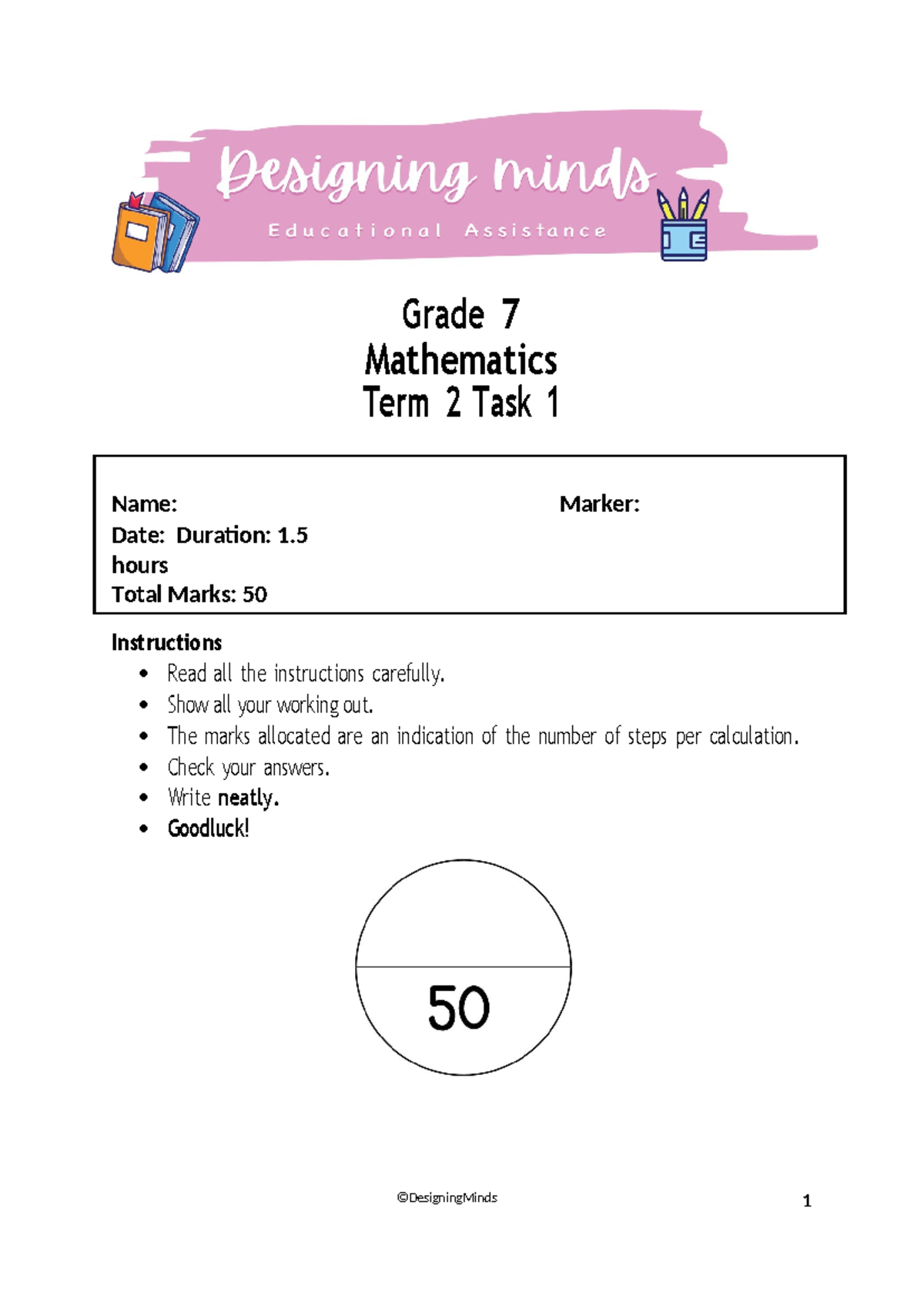 Grade 7 Math Term 2 Task 1 & Memo: Solutions and Instructions - Studocu