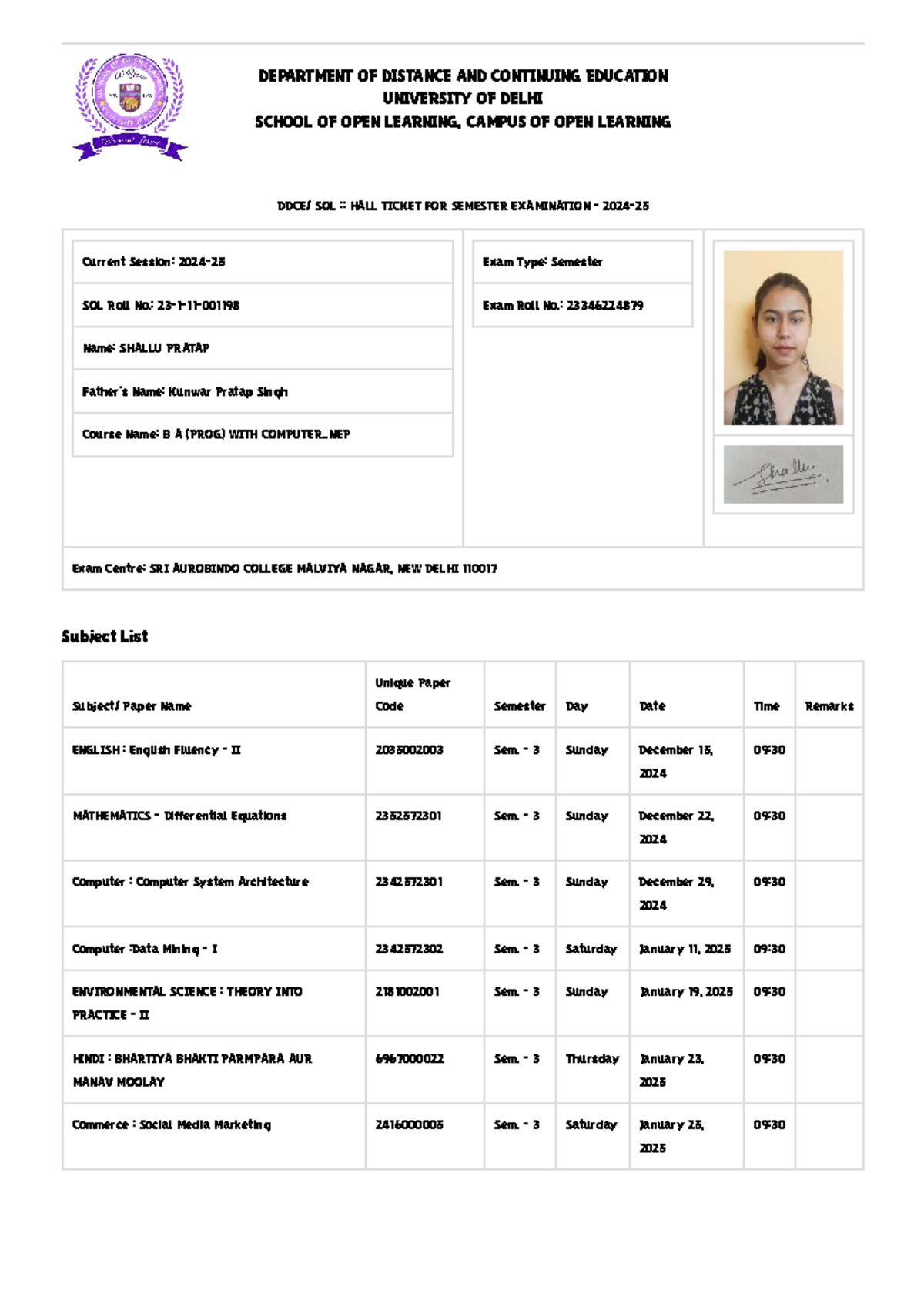 Admit Card for Semester Exam - B.A. (Prog) with Computer - Sem 3 - Studocu