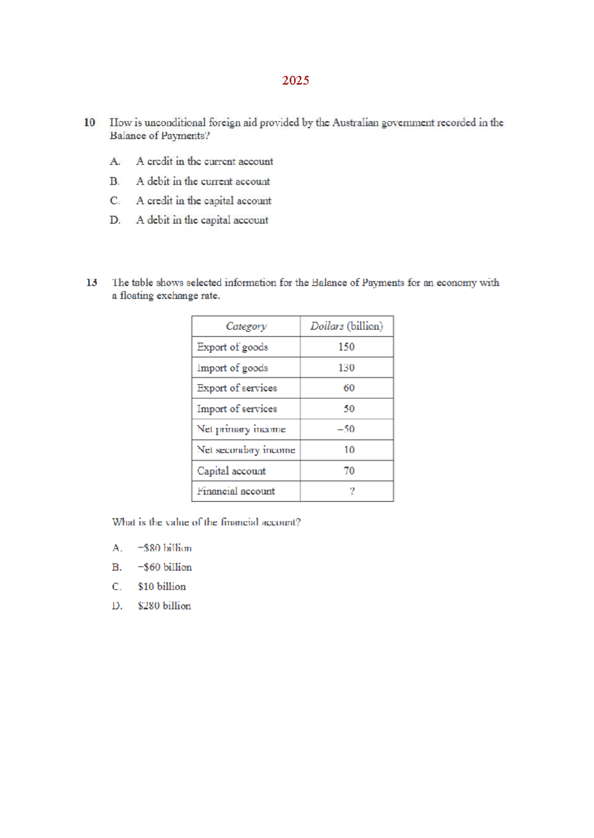 ECO T2 HSC Questions: Balance of Payments & Currency Analysis - Studocu
