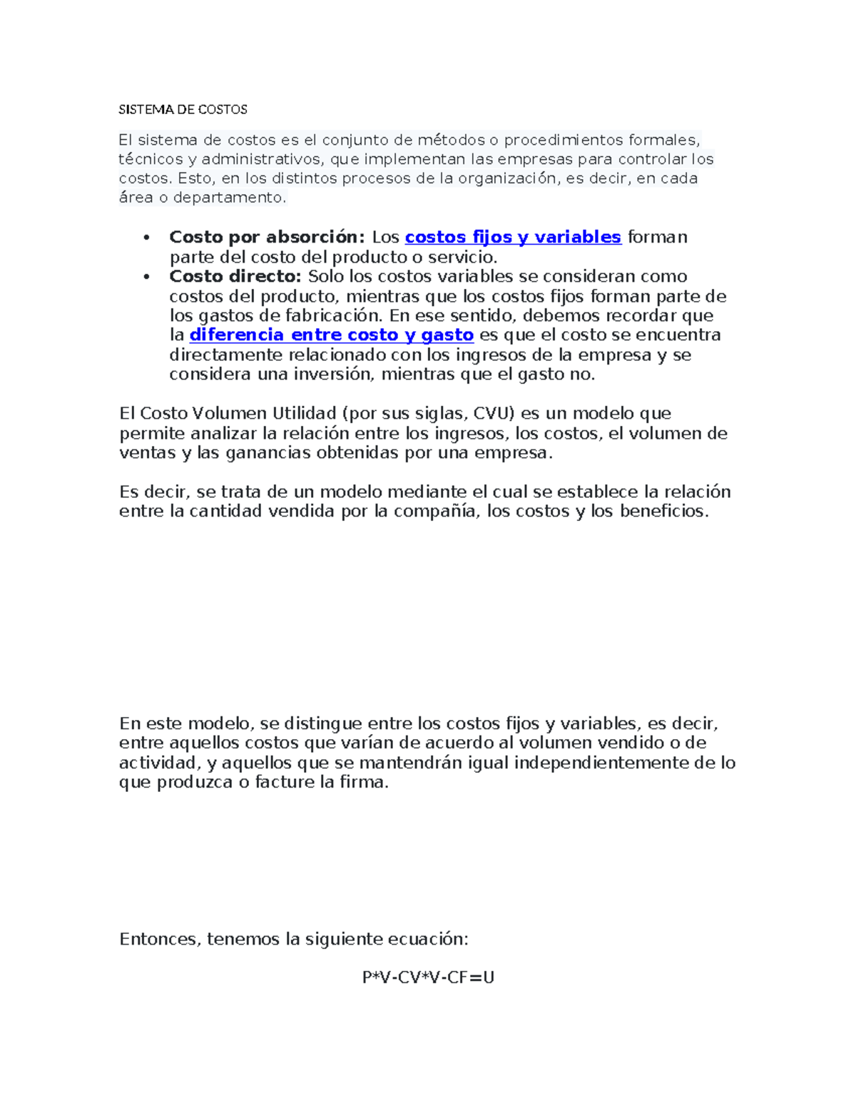 Sistema de Costos - Resumen de Técnicas y Modelos CVU en Empresas - Studocu