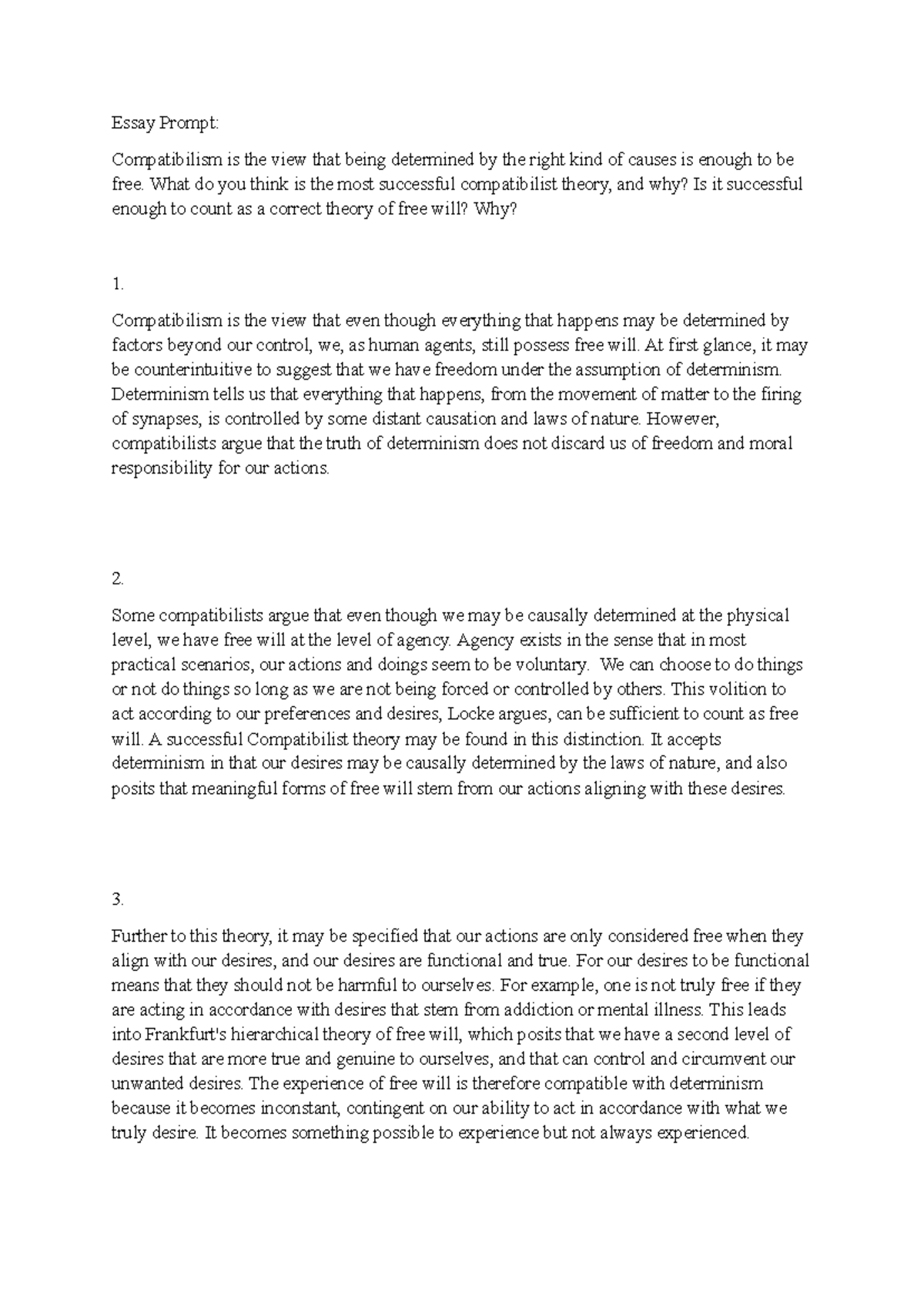 PHIL1011 Final Essay Outline on Compatibilism and Free Will - Studocu