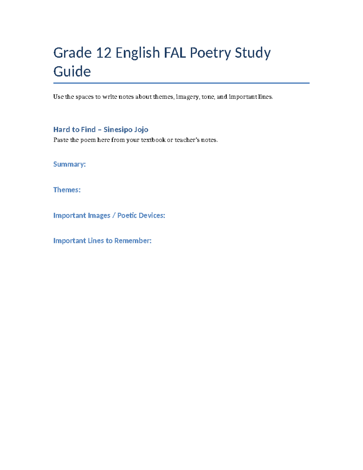 Grade 12 FAL Poetry Study Guide: Themes, Imagery, and Analysis - Studocu