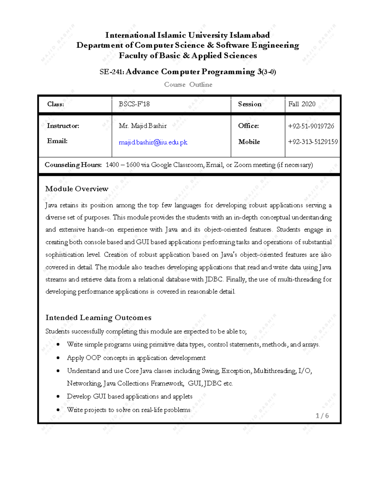 SE-241: Advance Computer Programming Java Course Outline - Studocu