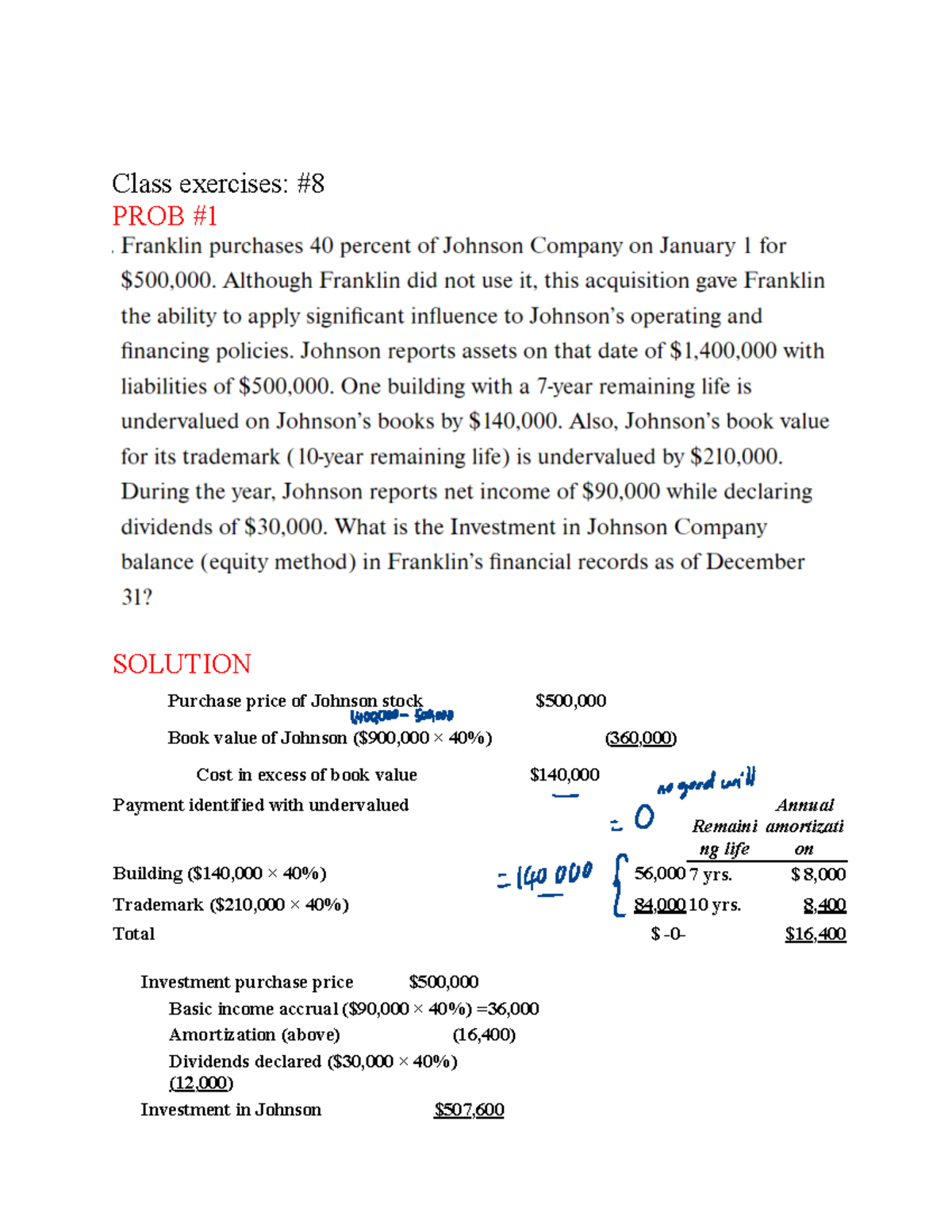Consolidation of subsequent to acquisitions - Class exercises: # PROB ...