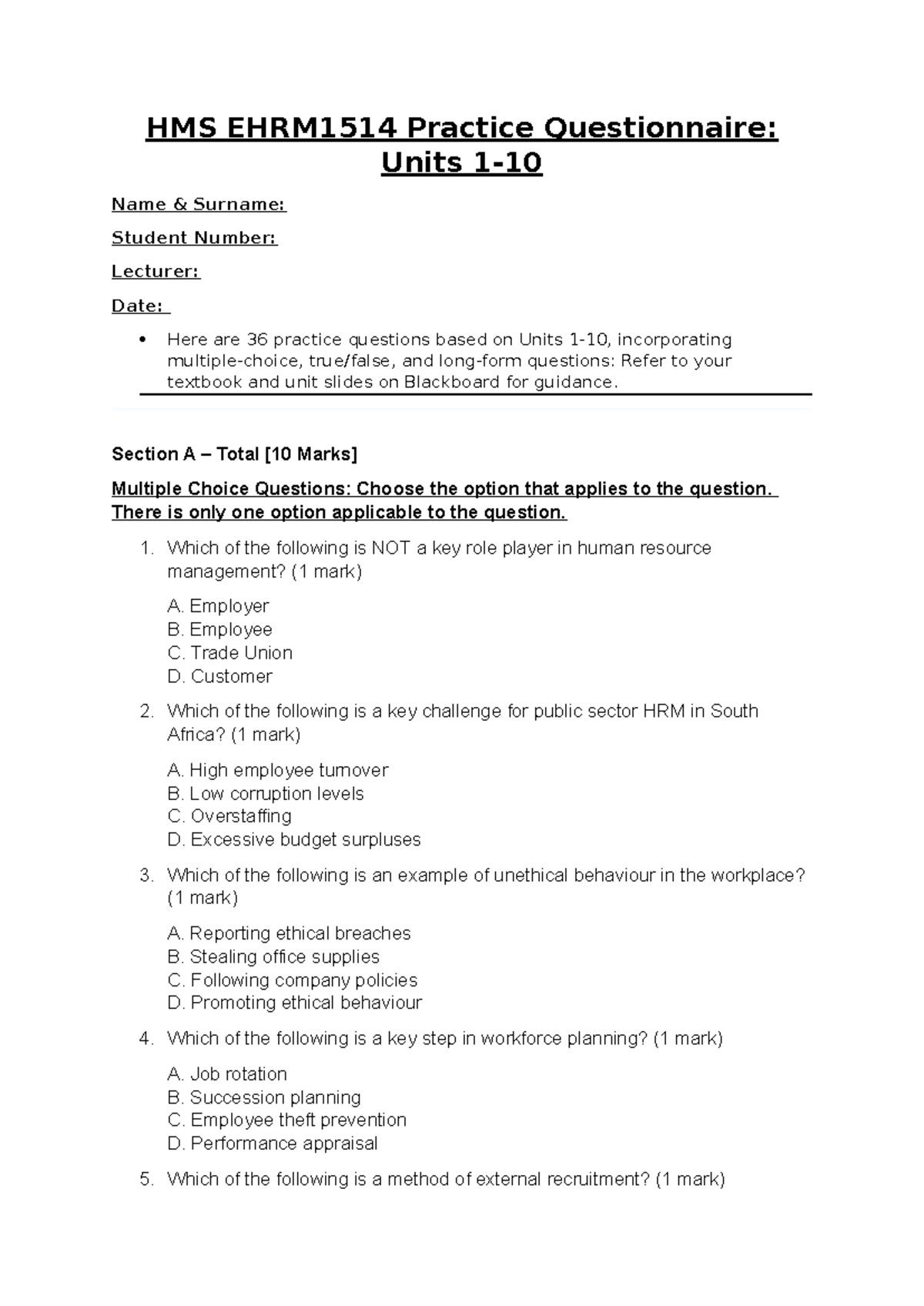 EHRM1514 Practice Questionnaire: Comprehensive HRM MCQs & Long Answer ...