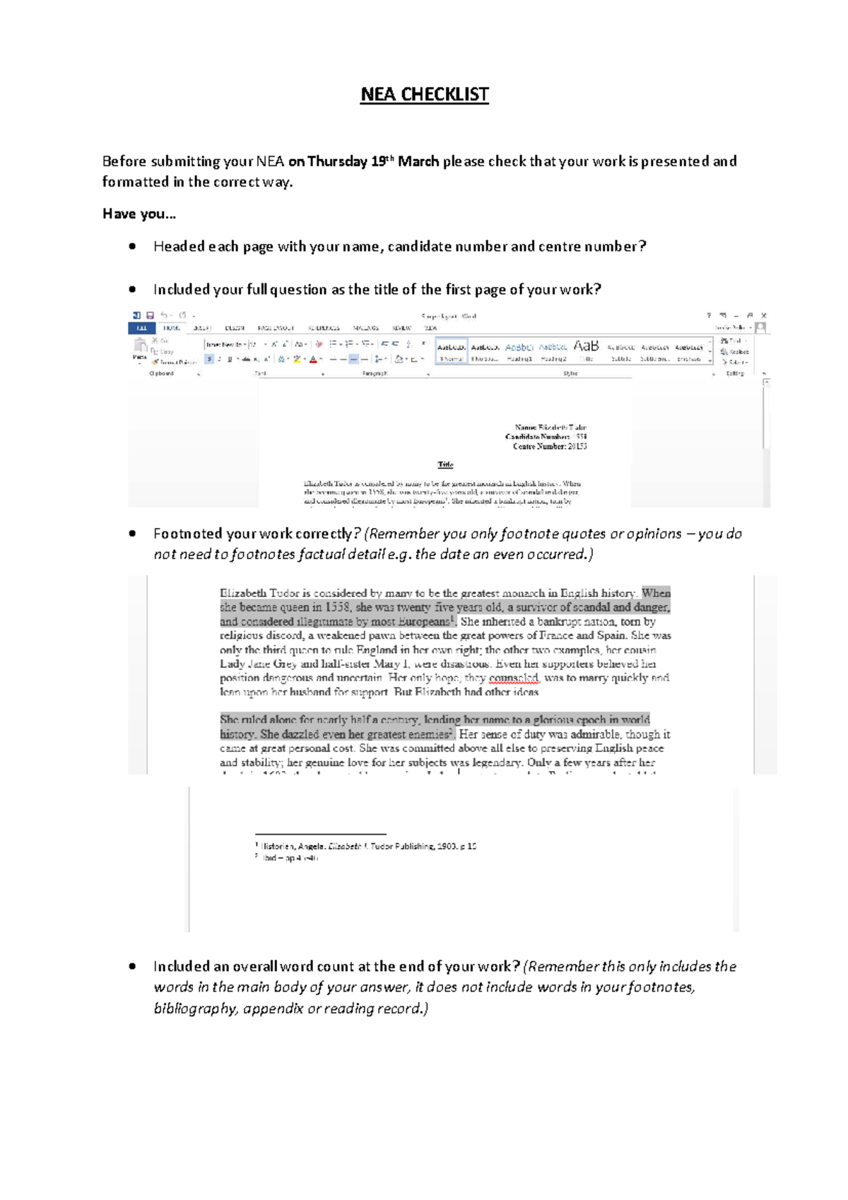NEA Checklist: Final Submission Guidelines and Formatting Tips - Studocu