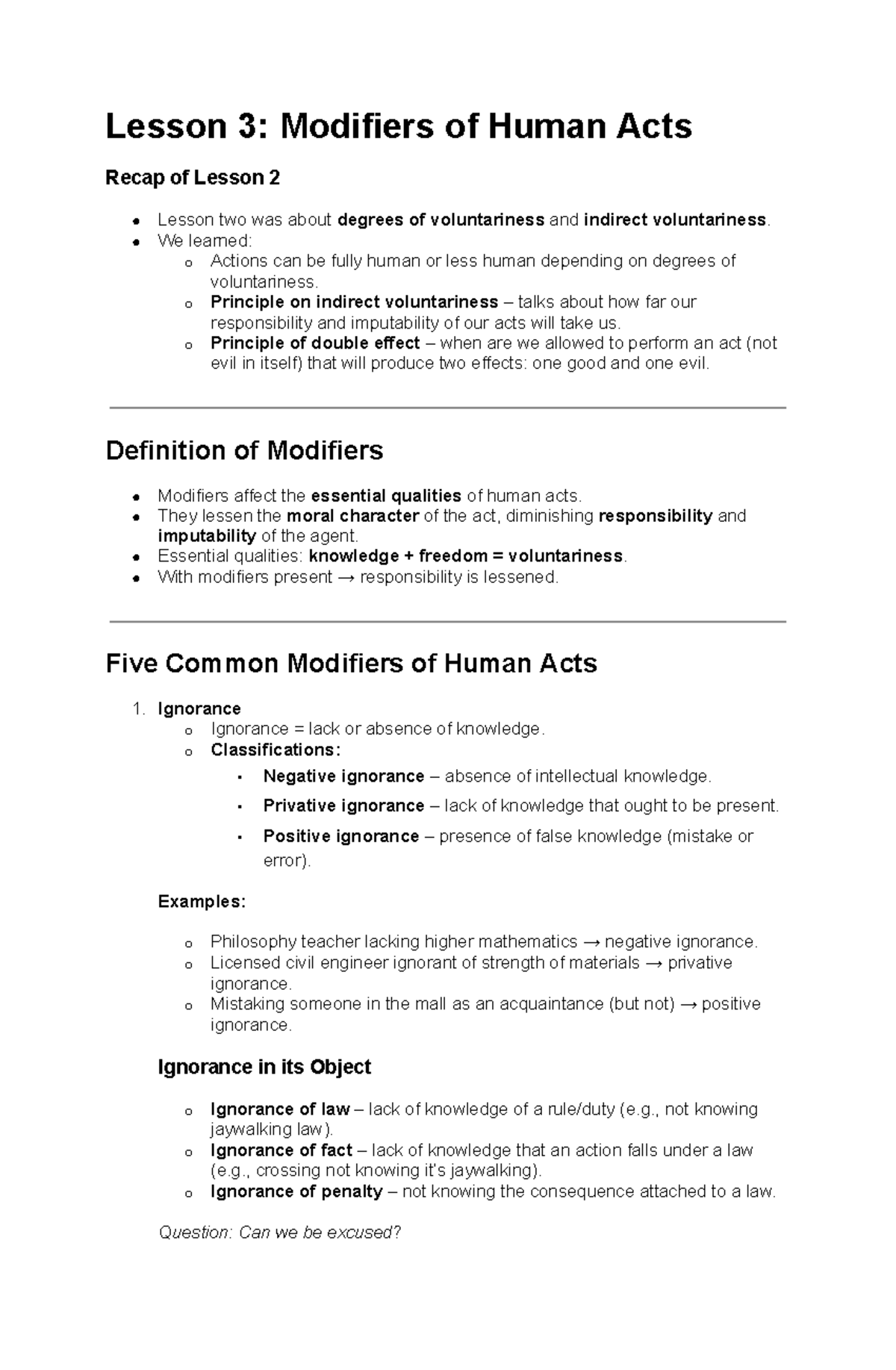 Ethics Notes: Lesson 3-5 on Modifiers of Human Acts - Studocu
