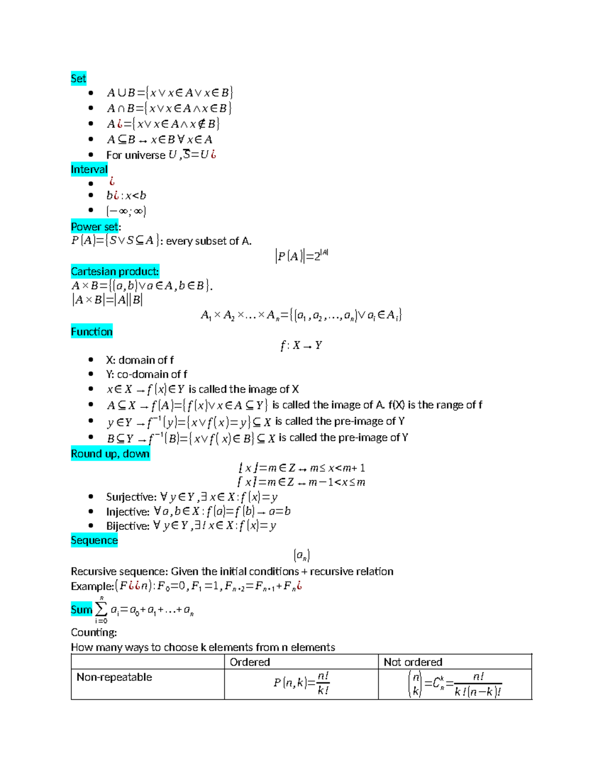 MATH1064 Final Exam Notes on Sets, Functions, and Logic - Studocu