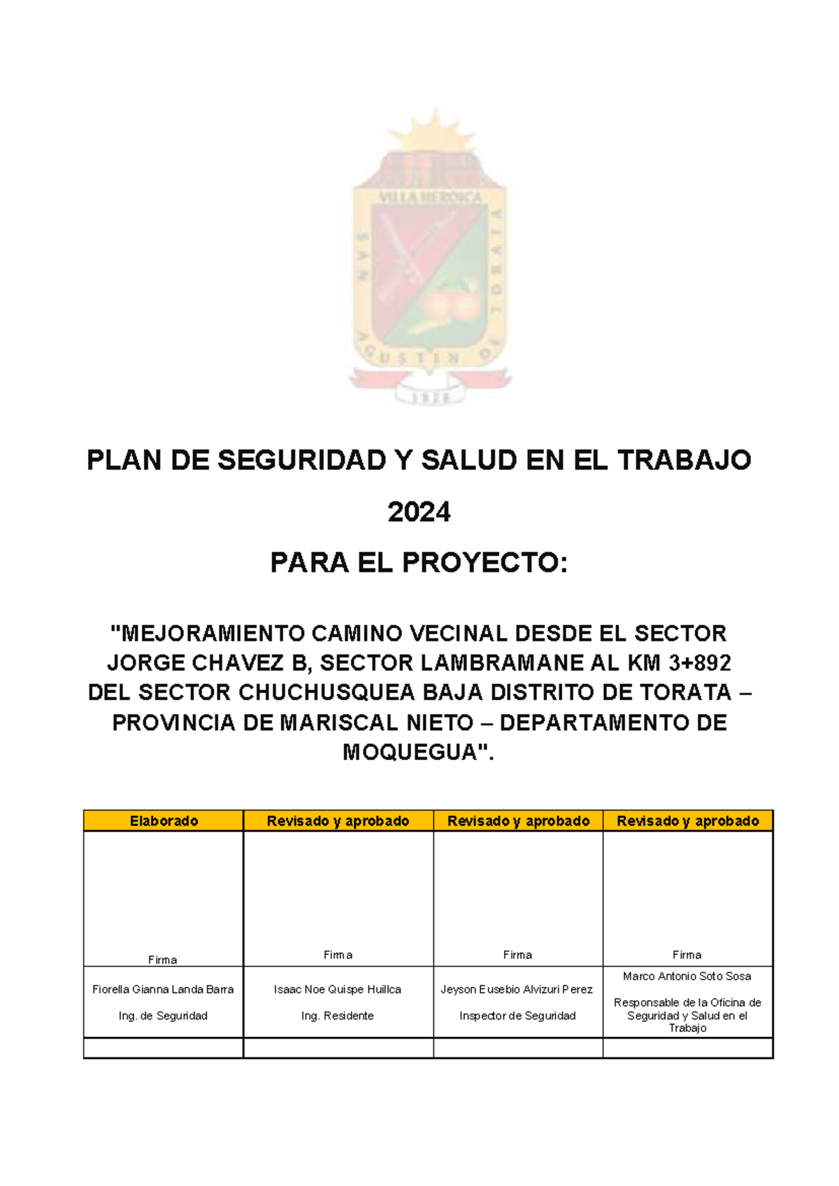PLAN DE SEGURIDAD Y SALUD EN EL TRABAJO 2024 - CAMINO VECINAL ...