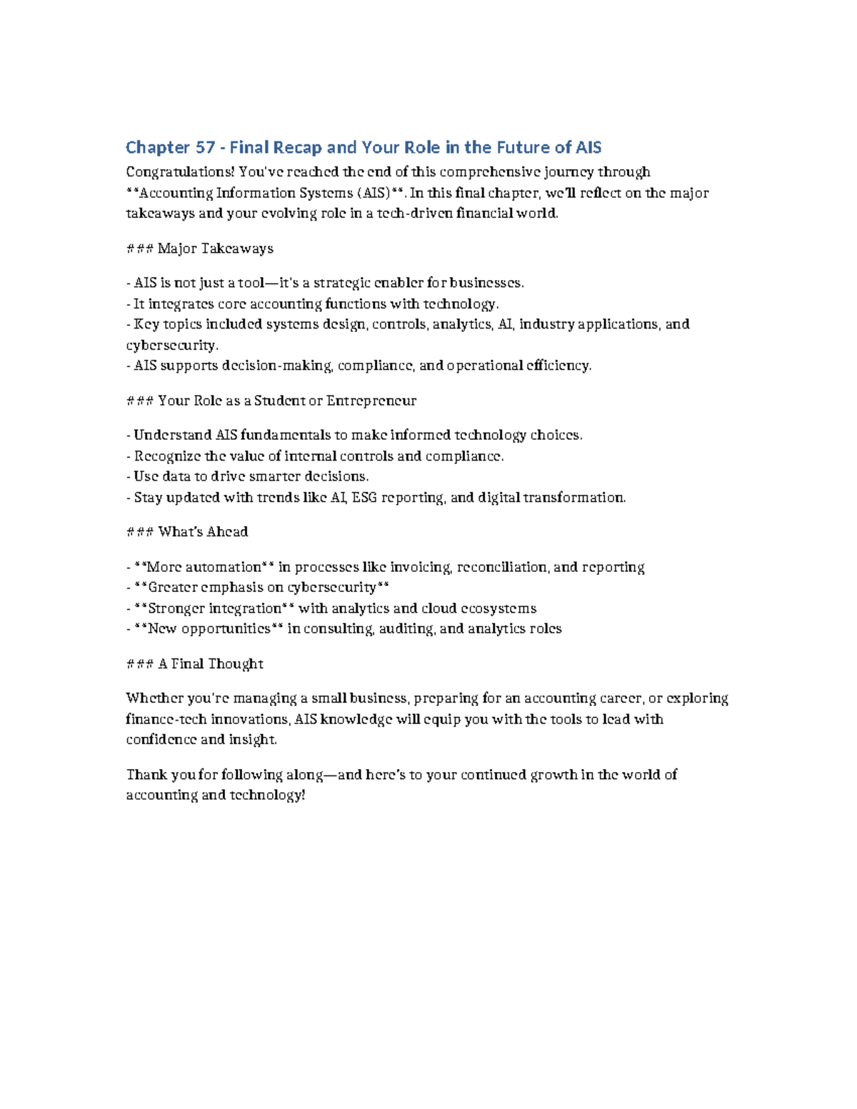 Chapter 57 - Final Recap: Your Future Role in AIS - Studocu