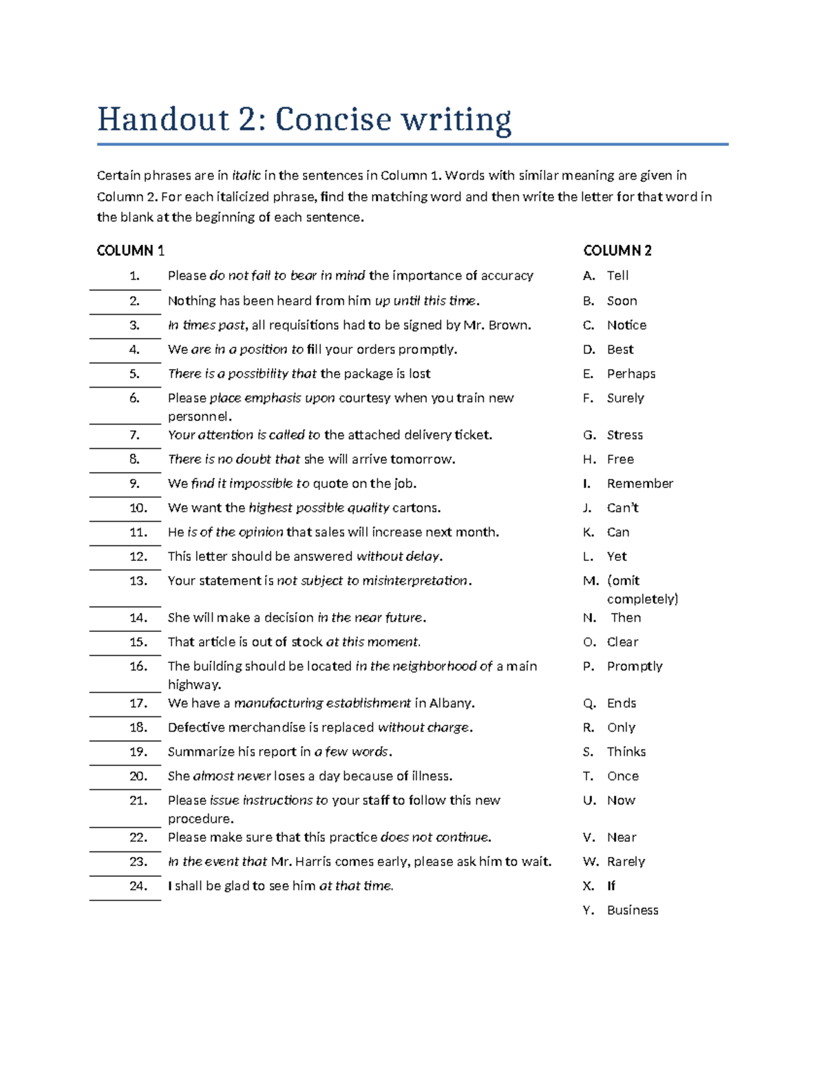 Handout 2: Concise Writing Exercise and Matching Phrases - Studocu