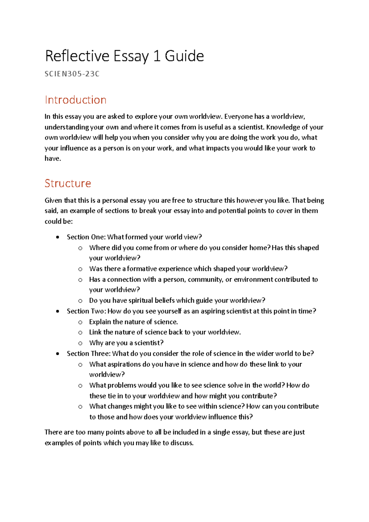 Reflective Essay 1 Guide for SCINE305-23C Students - Studocu