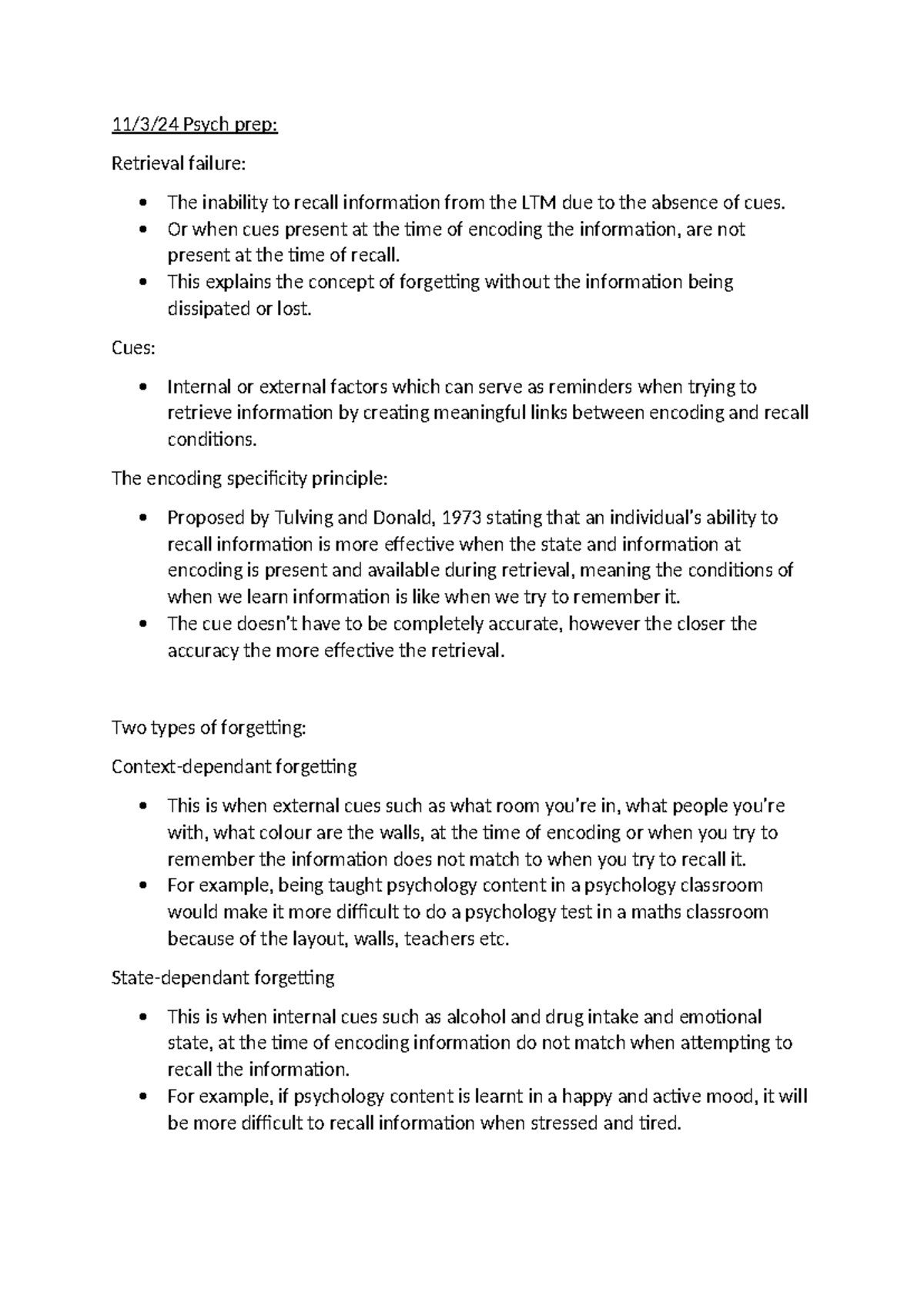 Psych 101: Retrieval Failure and Encoding Specificity Principles - Studocu